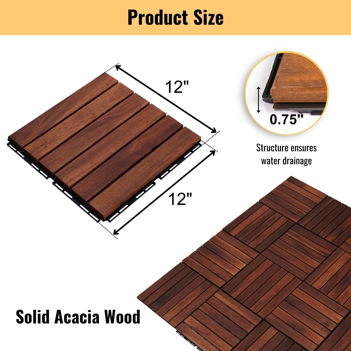Interlocking Deck Tiles Striped Pattern, Square Acacia Hardwood Outdoor Flooring For Patio, Bancony, Pool Side Daily Nest
