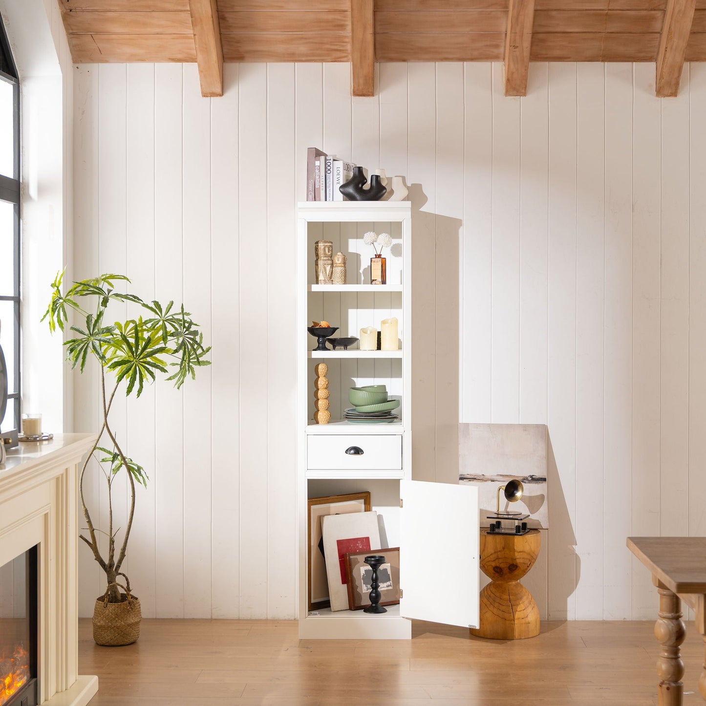 Retro Style 75'' Tall Display Shelf With Cabinet For Hallways Living Room Kitchen - White Hearth and Haven