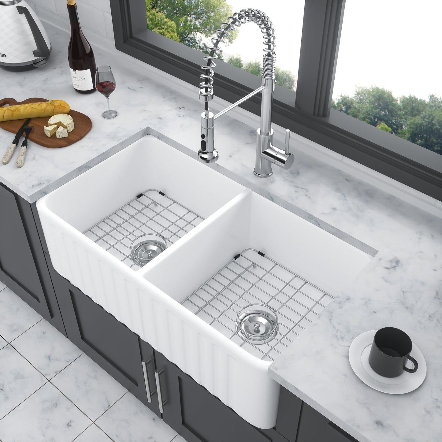 Sink 33" Double Bowl Apron Front Kitchen Sink 50 / 50 - White Daily Nest