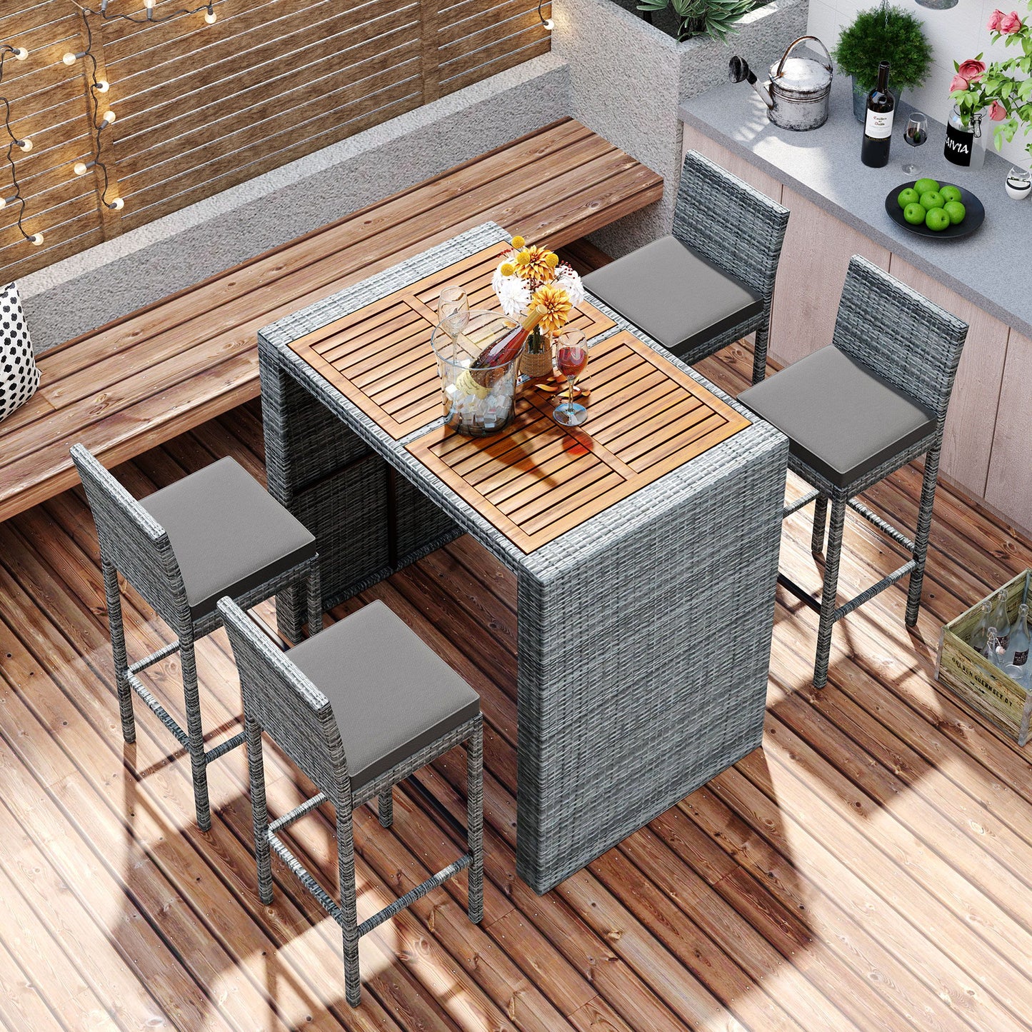 5 Pieces Outdoor Patio Wicker Bar Set, Bar Height Chairs With Non-Slip Feet And Fixed Rope, Removable Cushion, Acacia Wood Table Top - Brown / Gray Hearth and Haven