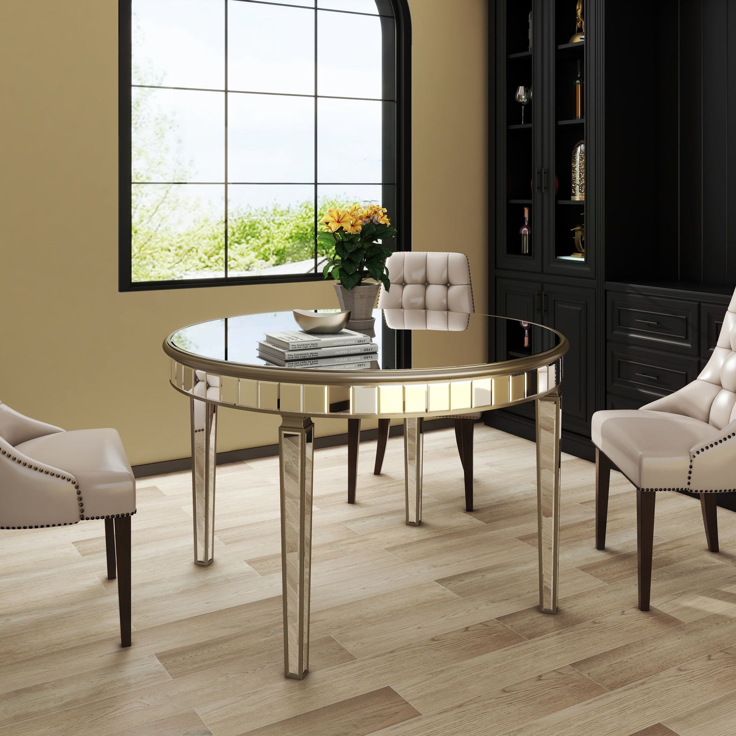 Round Glass Dining Table With Mirror Top - Silver Home Essentials