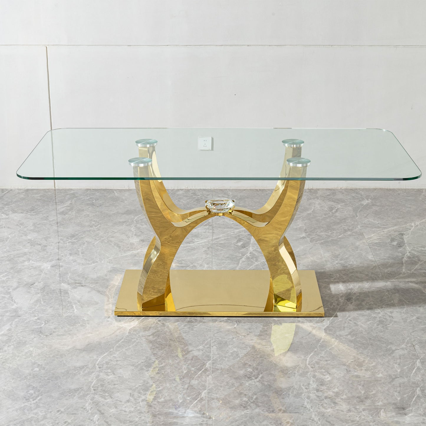 Tempered Clear Glass Rectangular Dining Table With Stainless Steel Base - Gold Home Essentials