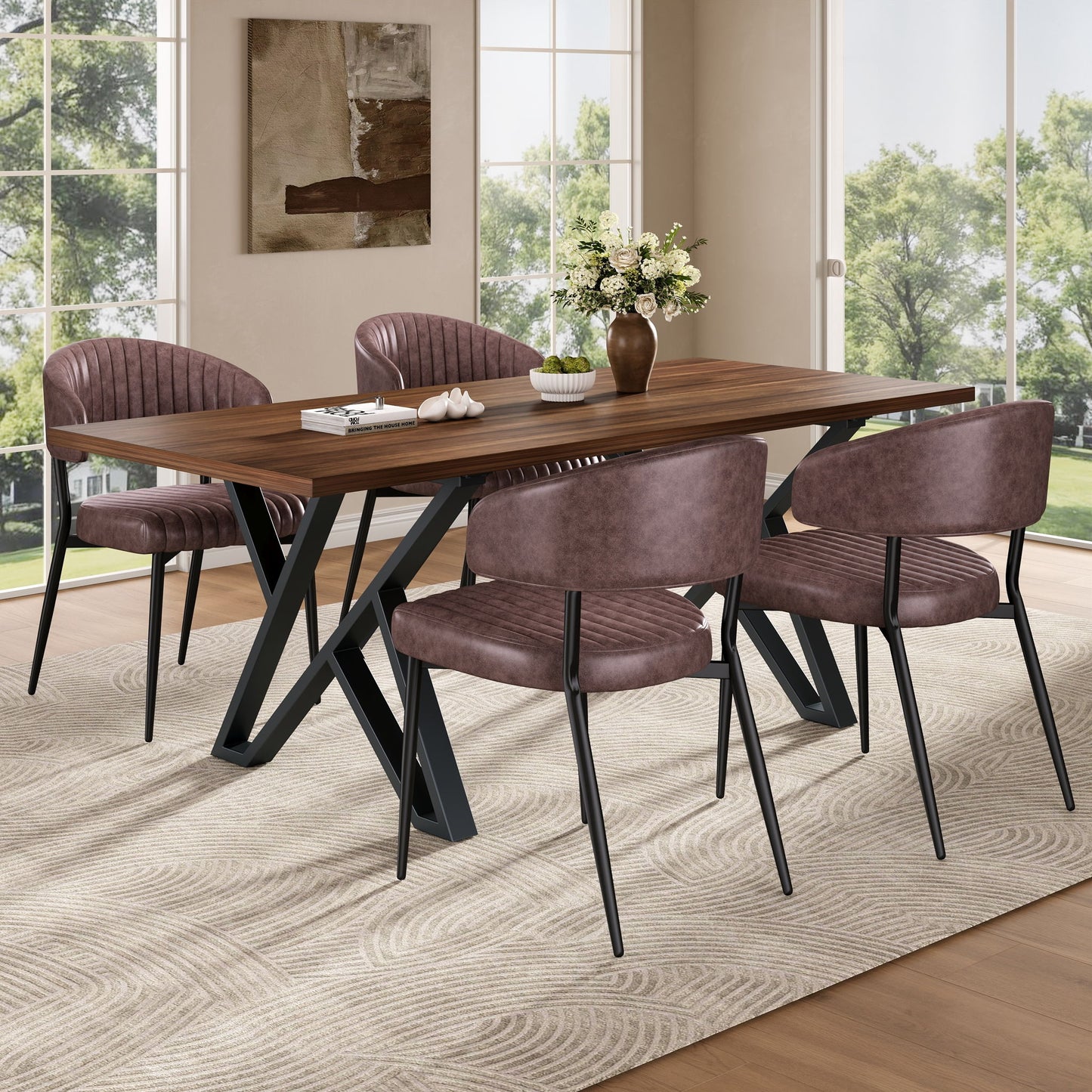 Modern Curved Back Upholstered Dining Chair Set With Metal Legs (Set of 2) - Brown / Black Noble House