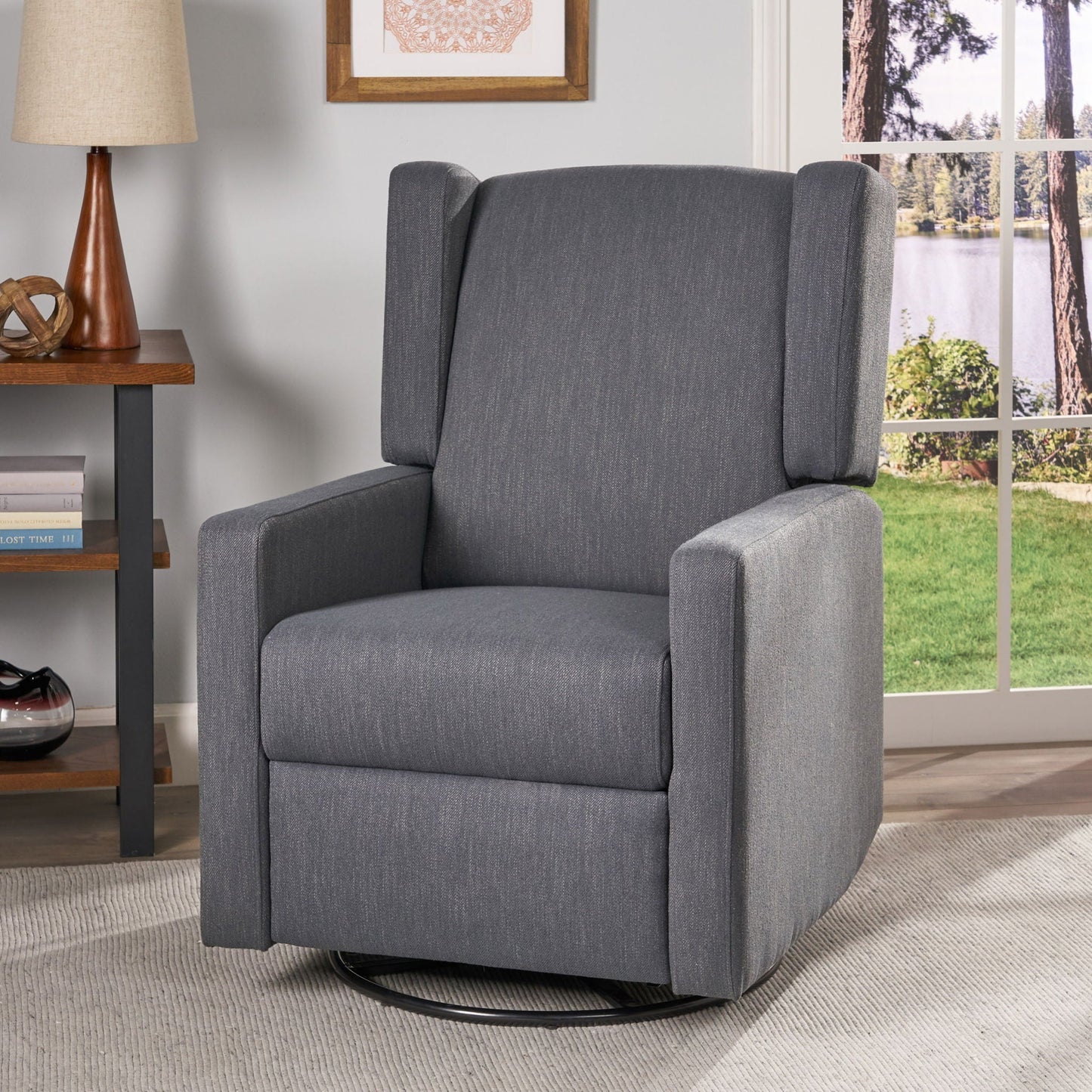 Landau Contemporary Fabric Upholstered Swivel Recliner Noble House