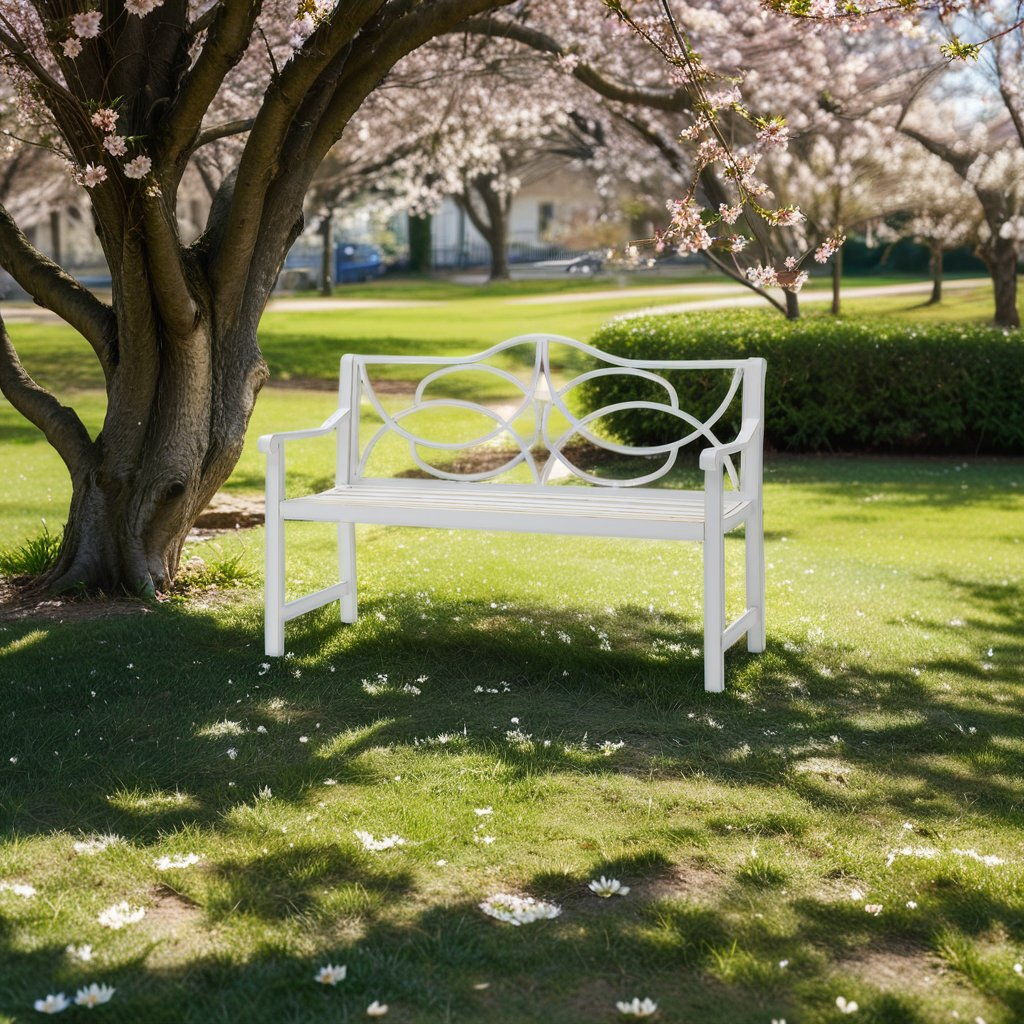 Outdoor Garden Patio Bench With Backrest And Armrest, Slatted Seat For Park, Yard & Porch, Balcony, Accommodates 2 - 3 People - White Home Essentials