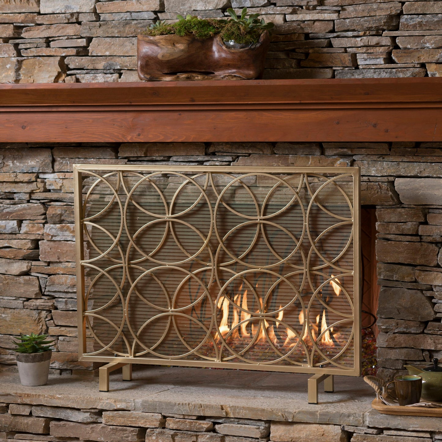 Thayer - Single Panel Iron Fireplace Screen With Geometric Design Noble House
