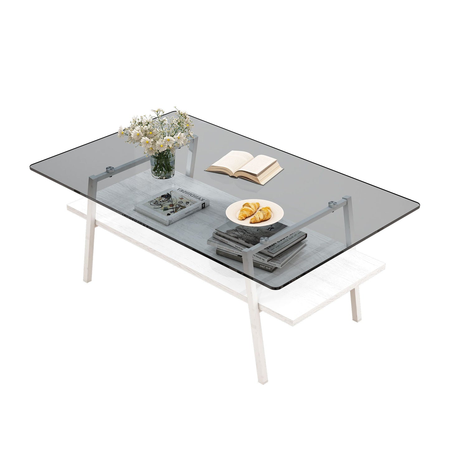Rectangle Coffee Table, Tempered Glass Tabletop With Metal Legs Home Essentials