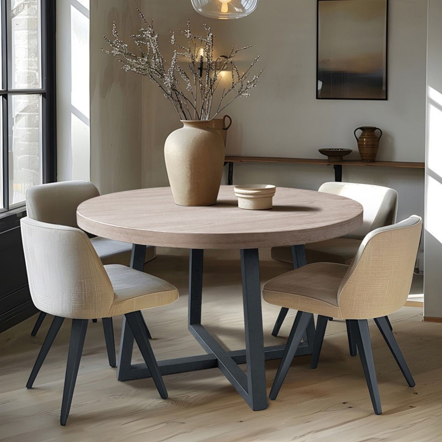 Round Dining Table With Wire Brushed Mindi Top And Mahogany Base - Wheat JLA