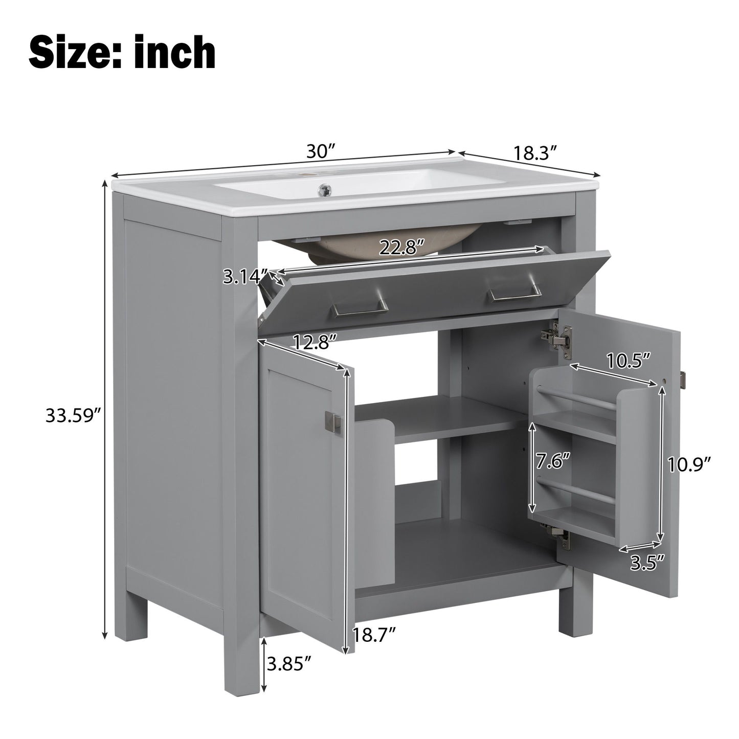 Bathroom Vanity With Ceramic Sink, Modern Single Bathroom Cabinet With 2 Doors And A Shelf, Soft Close Doors Hearth and Haven