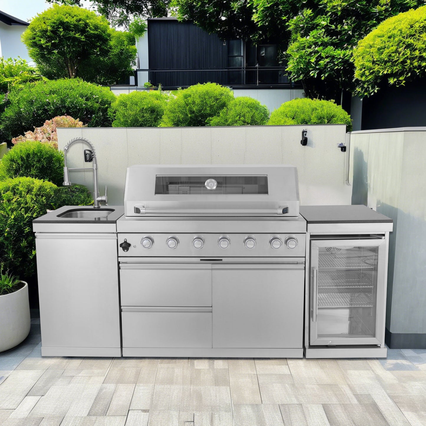 6 Burner 85, 000 Btu Deluxe Gas Outdoor Kitchen Island Grill With Wine Cooler Refrigerator, Rotisserie, Storage Cabinets & Drawers - Silver Daily Nest