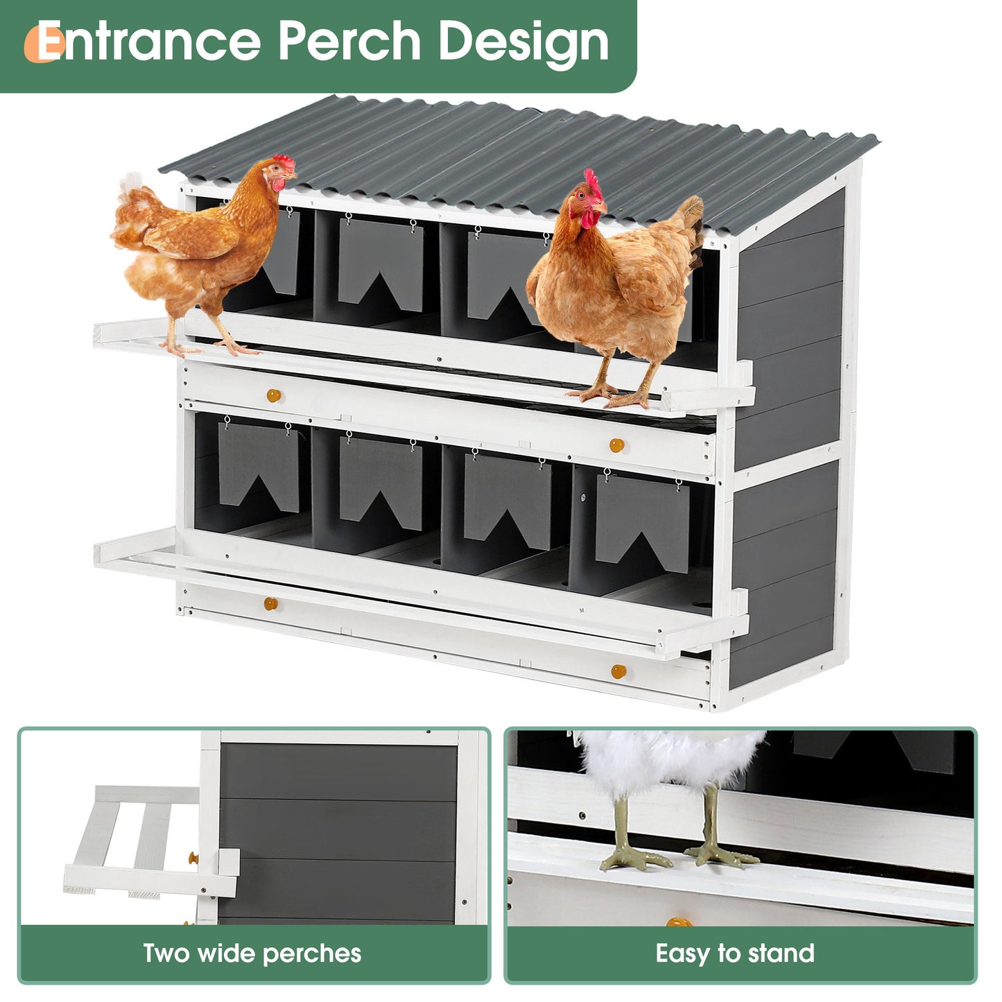Wooden Chicken Nesting Box With 2 Egg Collection Drawers - White / Gray Daily Nest