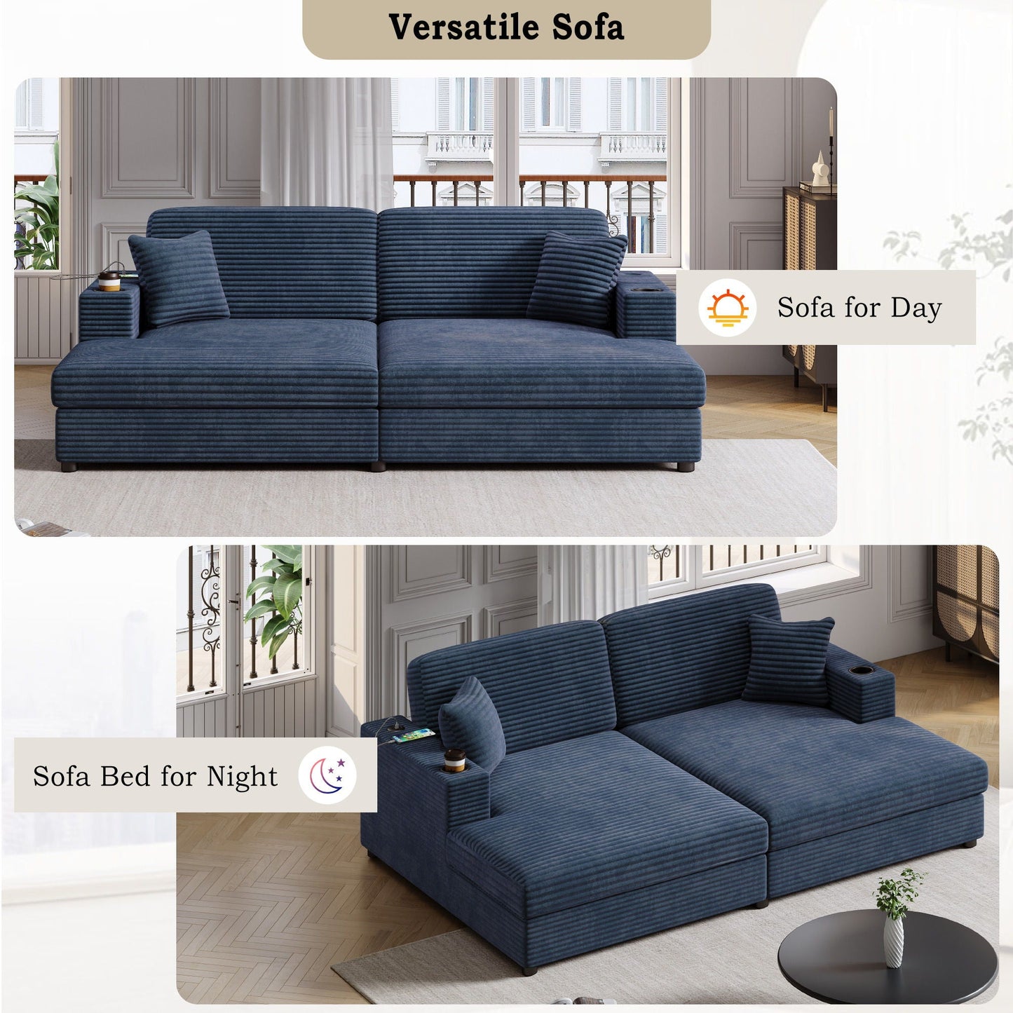 Oversized Loveseat Chaise With 2 USB Ports, 2 Cup Holders And 2 Throw Pillows Hearth and Haven