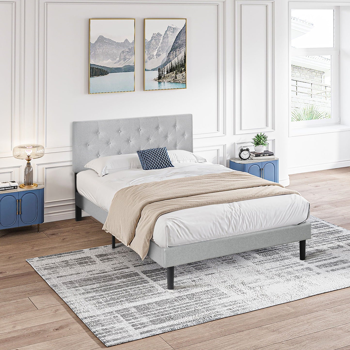 Modern Upholstered Platform Bed Frame With Button Tufted Linen Fabric Headboard Home Essentials