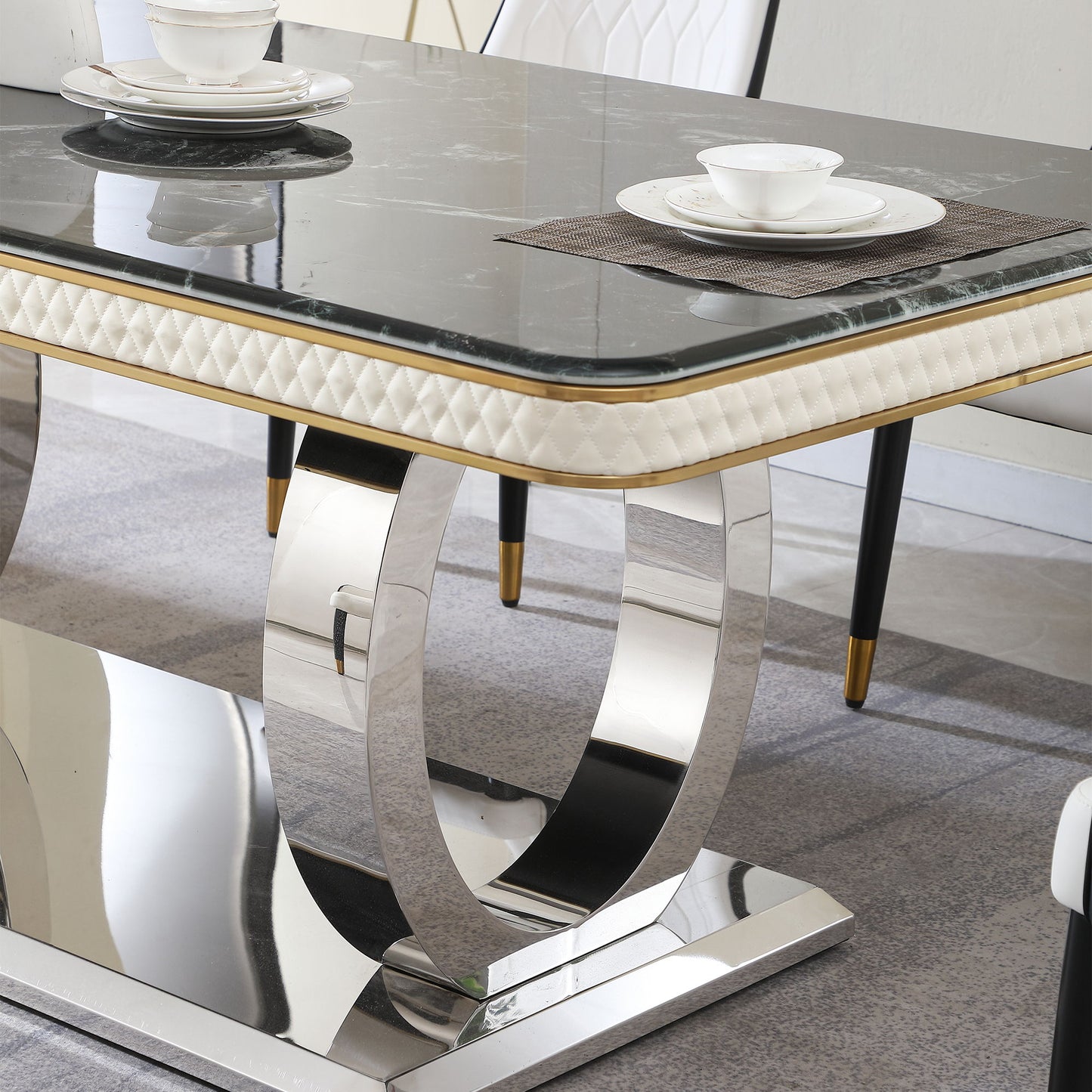 Luxury Modern Dining Table With Faux Marble Top And Dual Circle Base - Black Home Essentials