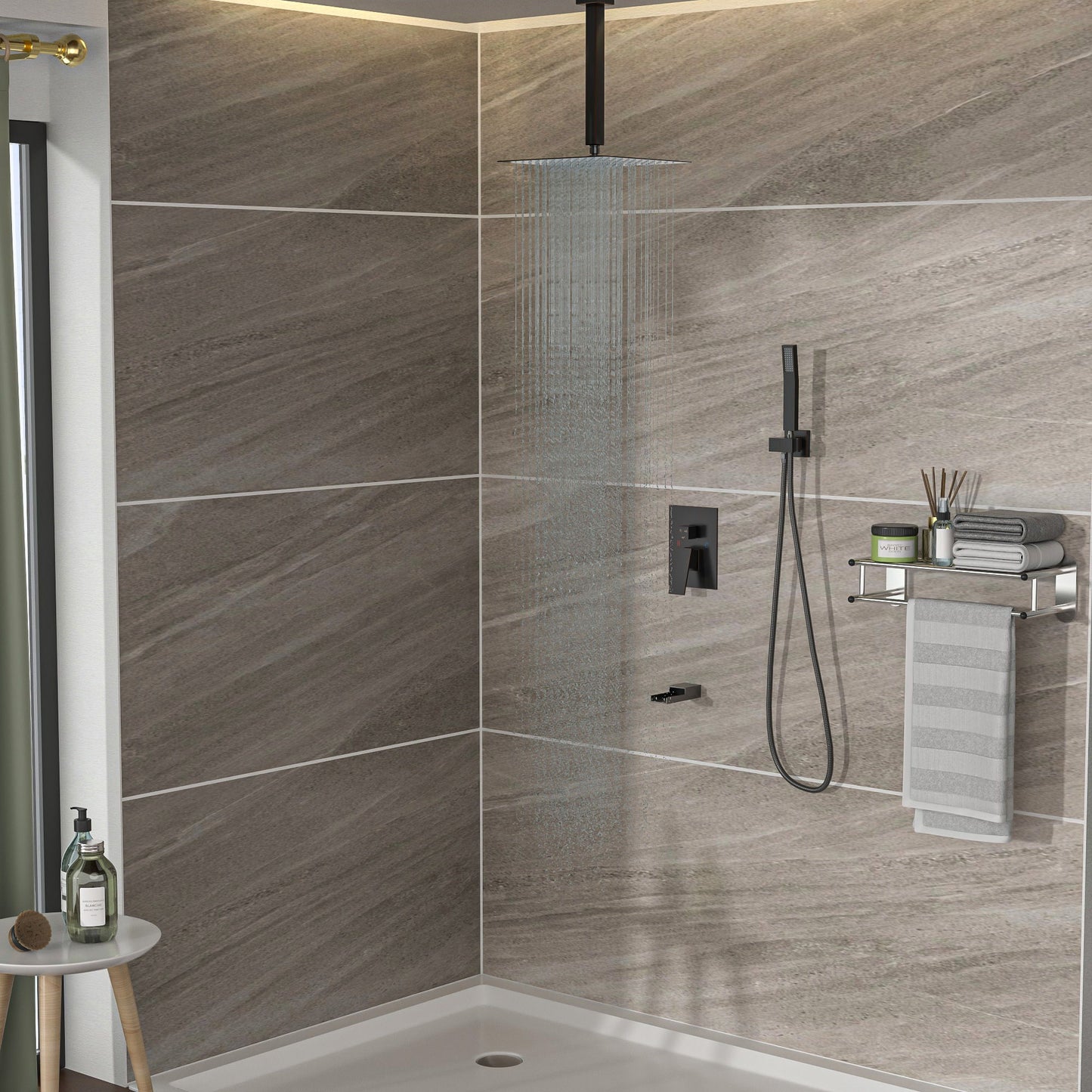 Modern Shower System With Waterfall Tub Spout, 12" Ceiling Mount Square Shower Daily Nest
