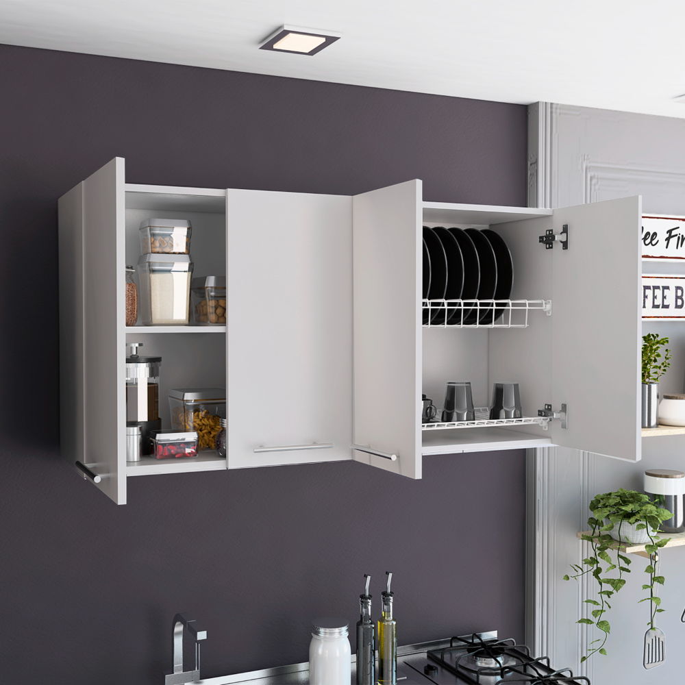 Wall Cabinet Four Doors, With Two Internal Shelves And Internal Plate And Glass Organizer - White Home Essentials