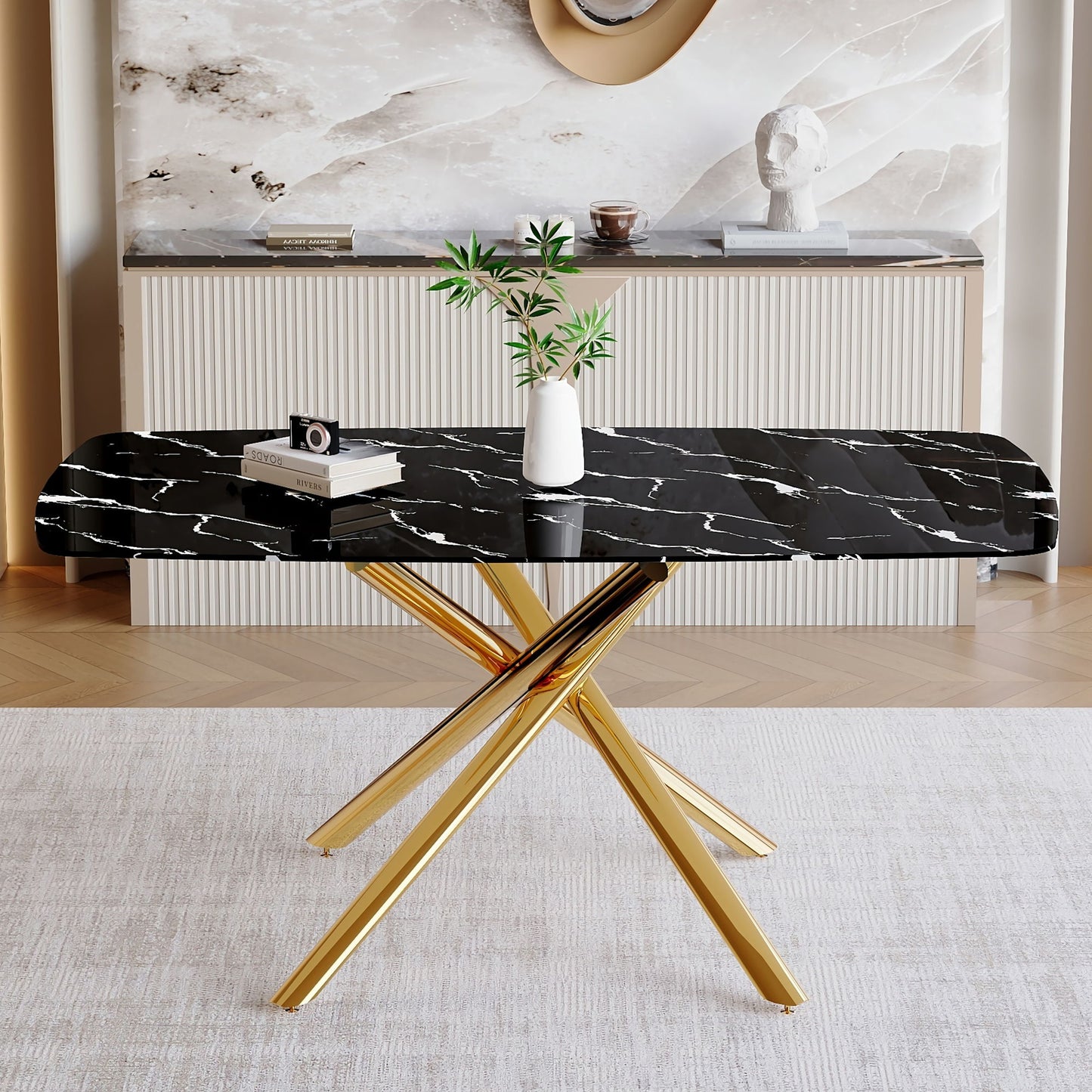 Luxurious Marble Patterned Dining Table With Metal Fork Legs Home Essentials