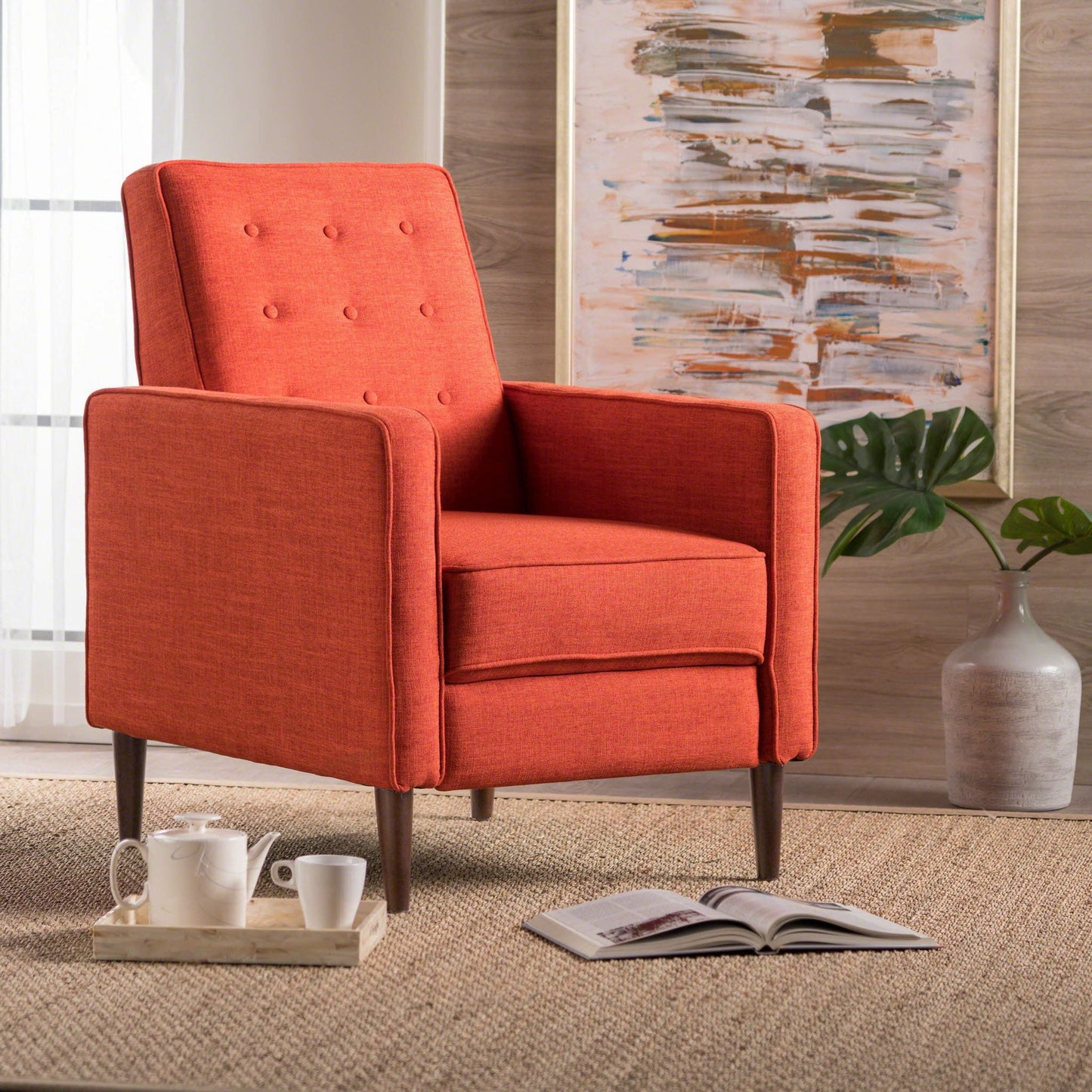 Mid-Century Modern Recliner With Button Tufted Waffle Stitch Noble House