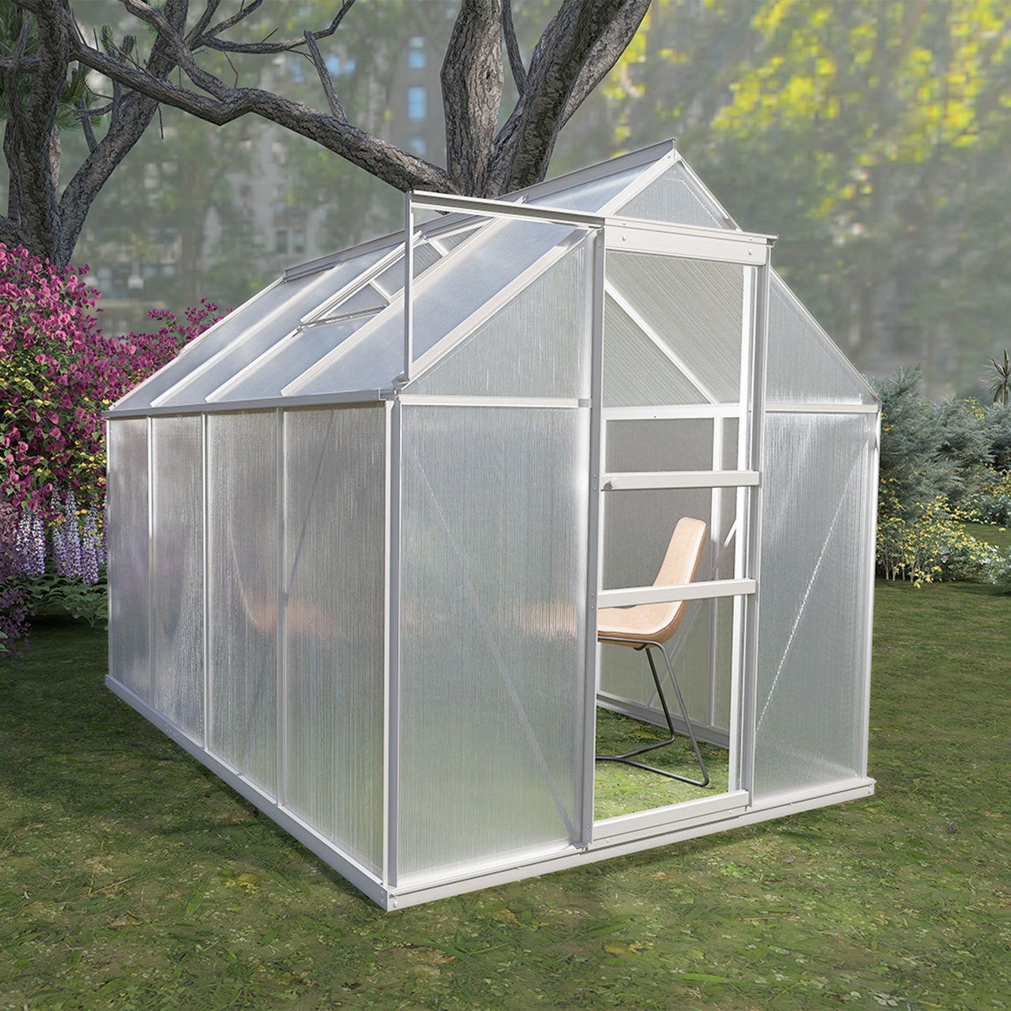 Walk-In Polycarbonate Greenhouse & Roof Vent, Sliding Doors, Aluminum Hobby Hot House For Outdoor Daily Nest