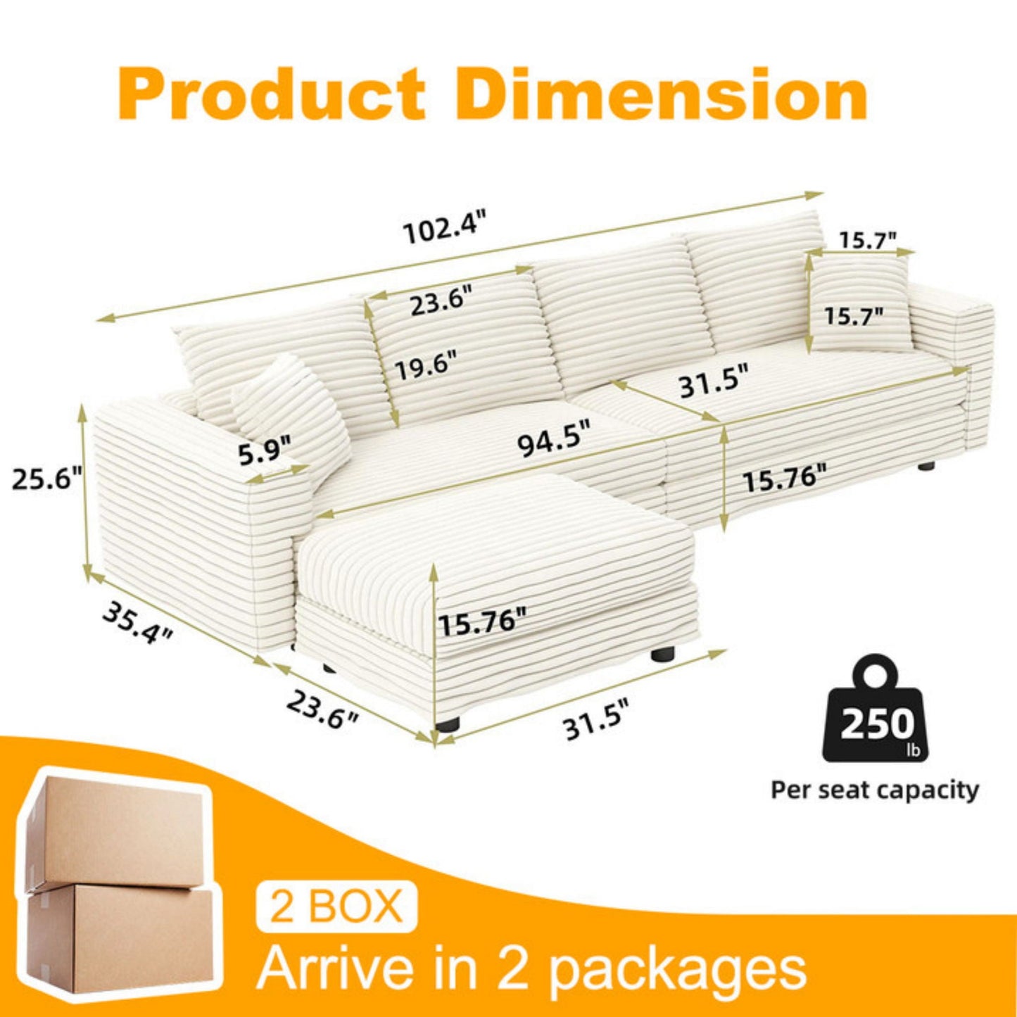 Plush Corduroy 4 Seat Sofa With Soft Pillows And Movable Ottoman - Snoozhouse