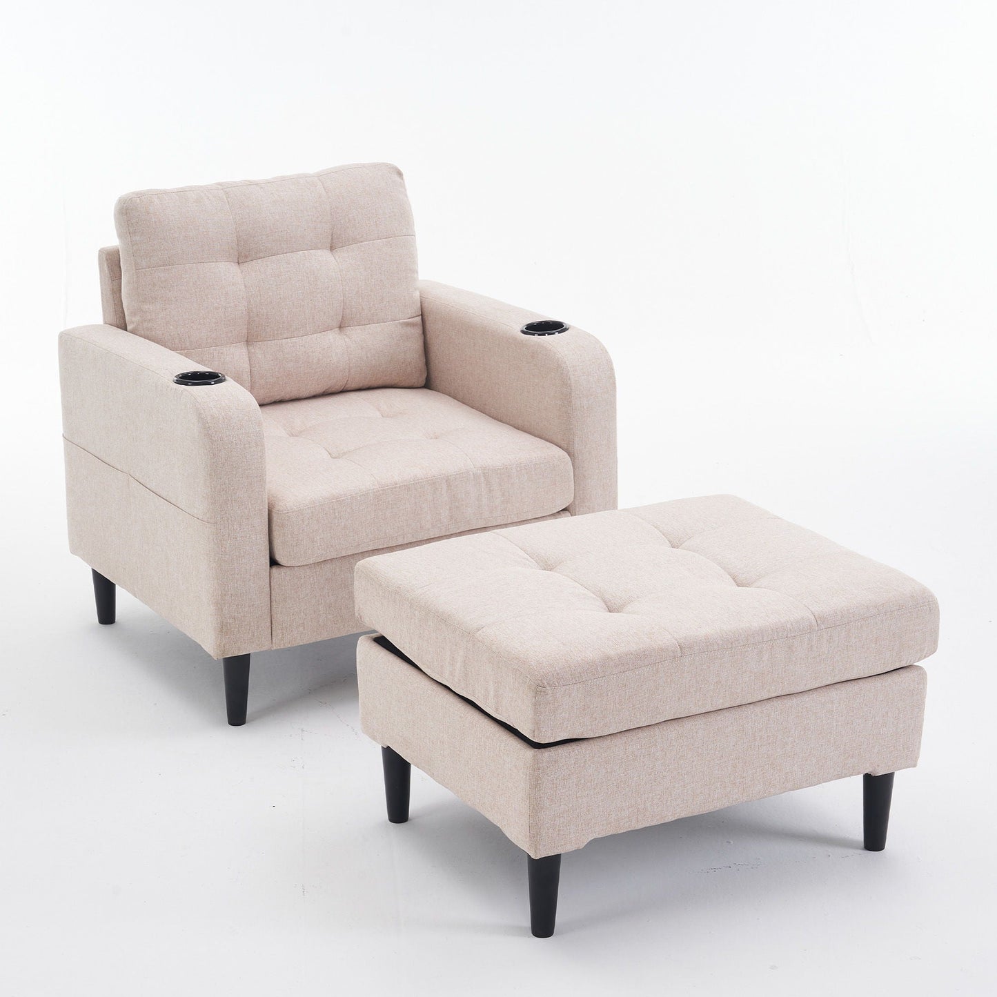 Upholstered Armchair And Storage Ottoman Set, Comfortable Single Sofa With Cup Holders And Tufted Detailing, Ideal For Living Room Or Bedroom Home Essentials