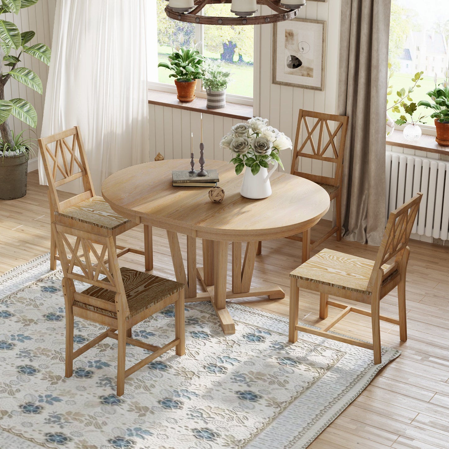 Topmax - 5 Piece Rustic Extendable Dining Table Set Round Trestle Table And 4 Cross Back Dining Chairs For Kitchen, Dining Room Hearth and Haven