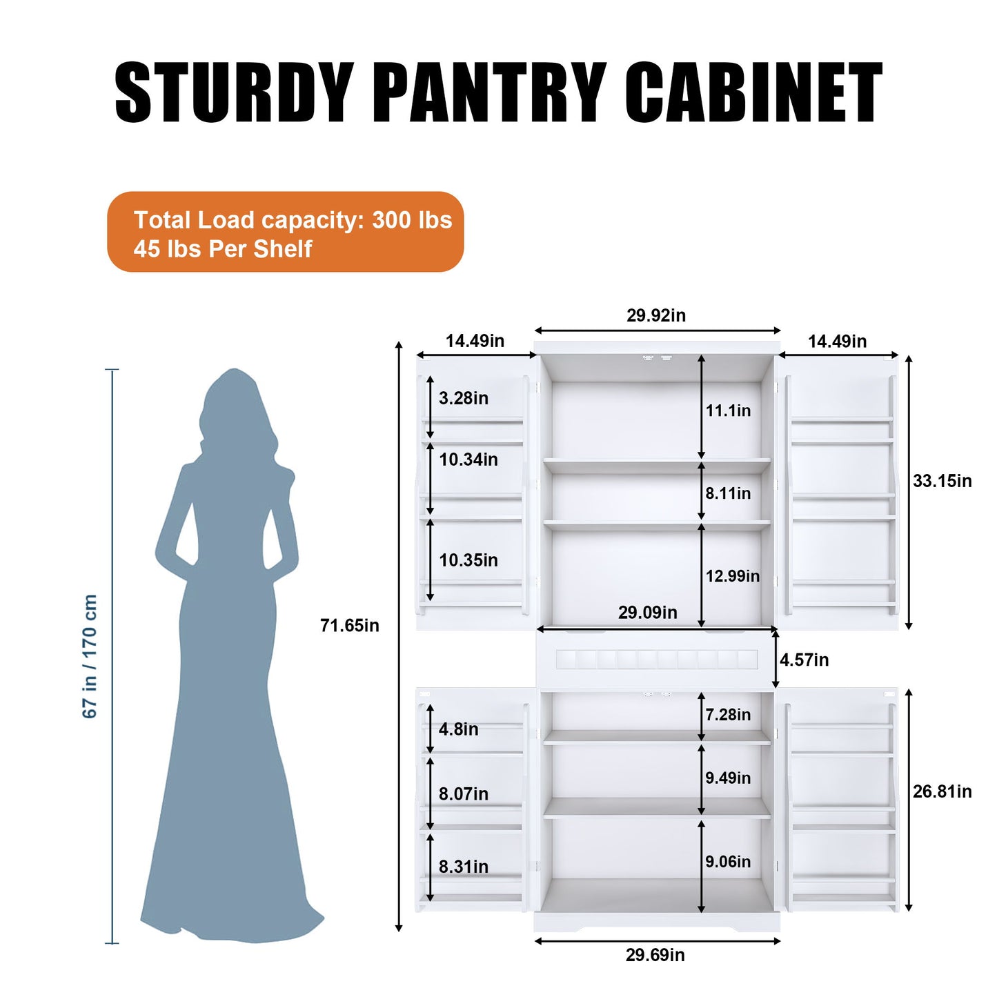 Farmhouse Style Pantry Cabinet With Drawer 2 Cabinets & 6 Door Shelves Adjustable Shelves Freestanding Cupboard - White Home Essentials