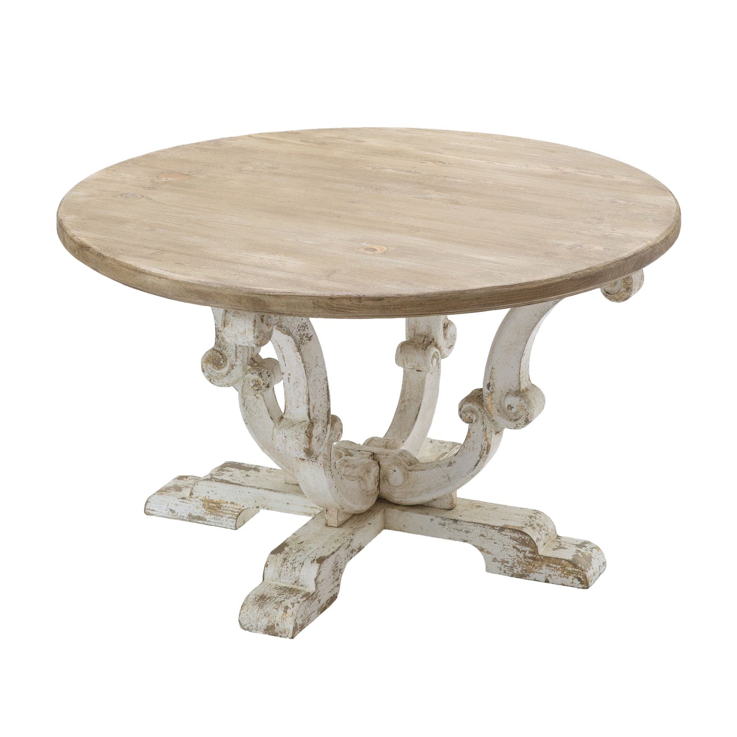 Round Wooden Coffee Table With Distressed Scrollwork Legs - Multicolor Home Essentials