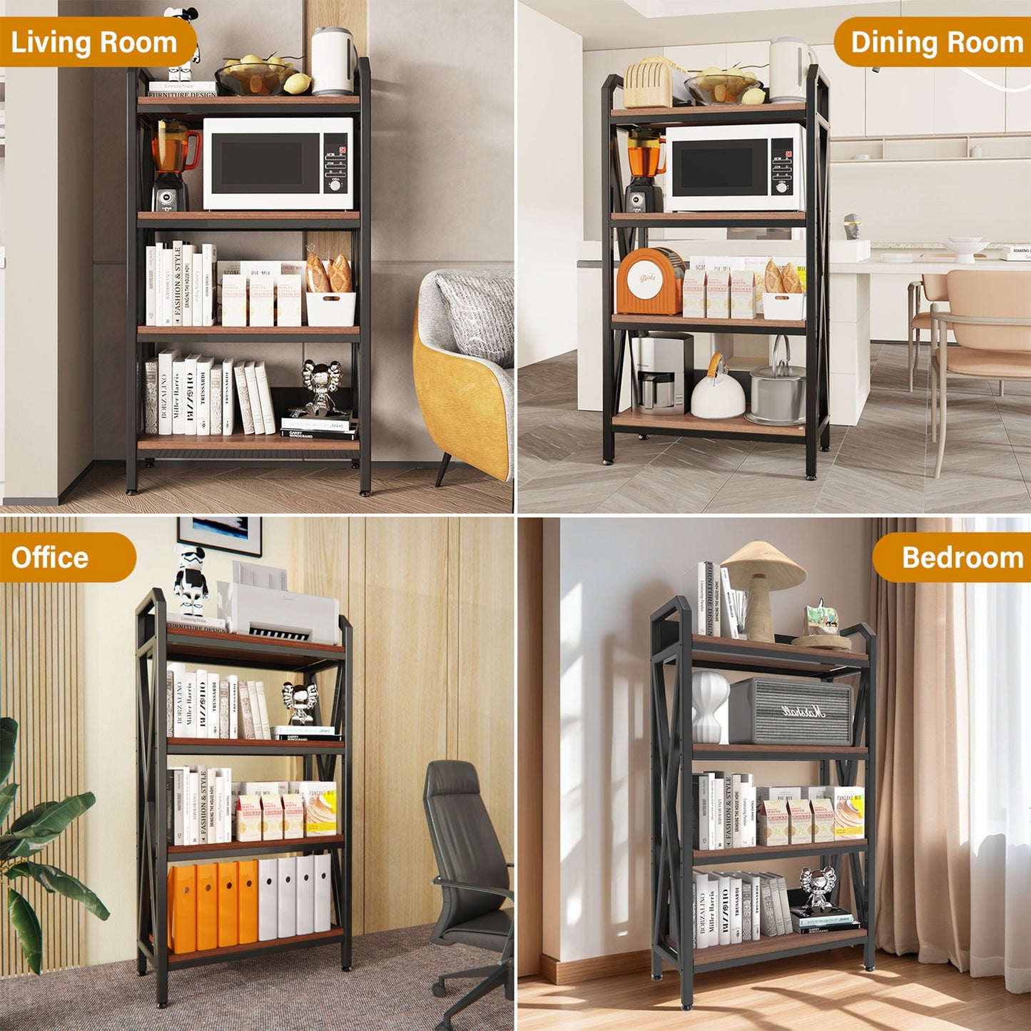 Bakers Rack Storage Shelves 4 Level Mental And Wooden Kitchen Shelves, Kitchen Organizers And Storage, For Garage, Pantry, Bathroom, Closet - Black / Black Brown Home Essentials