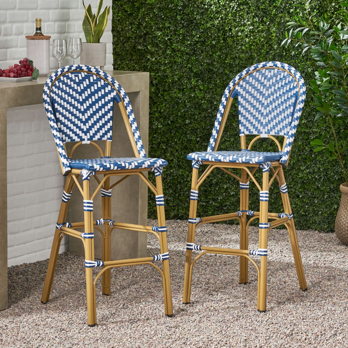 Outdoor Rattan French Barstool Set,, Bamboo, Seat Height - Navy Blue / White Noble House