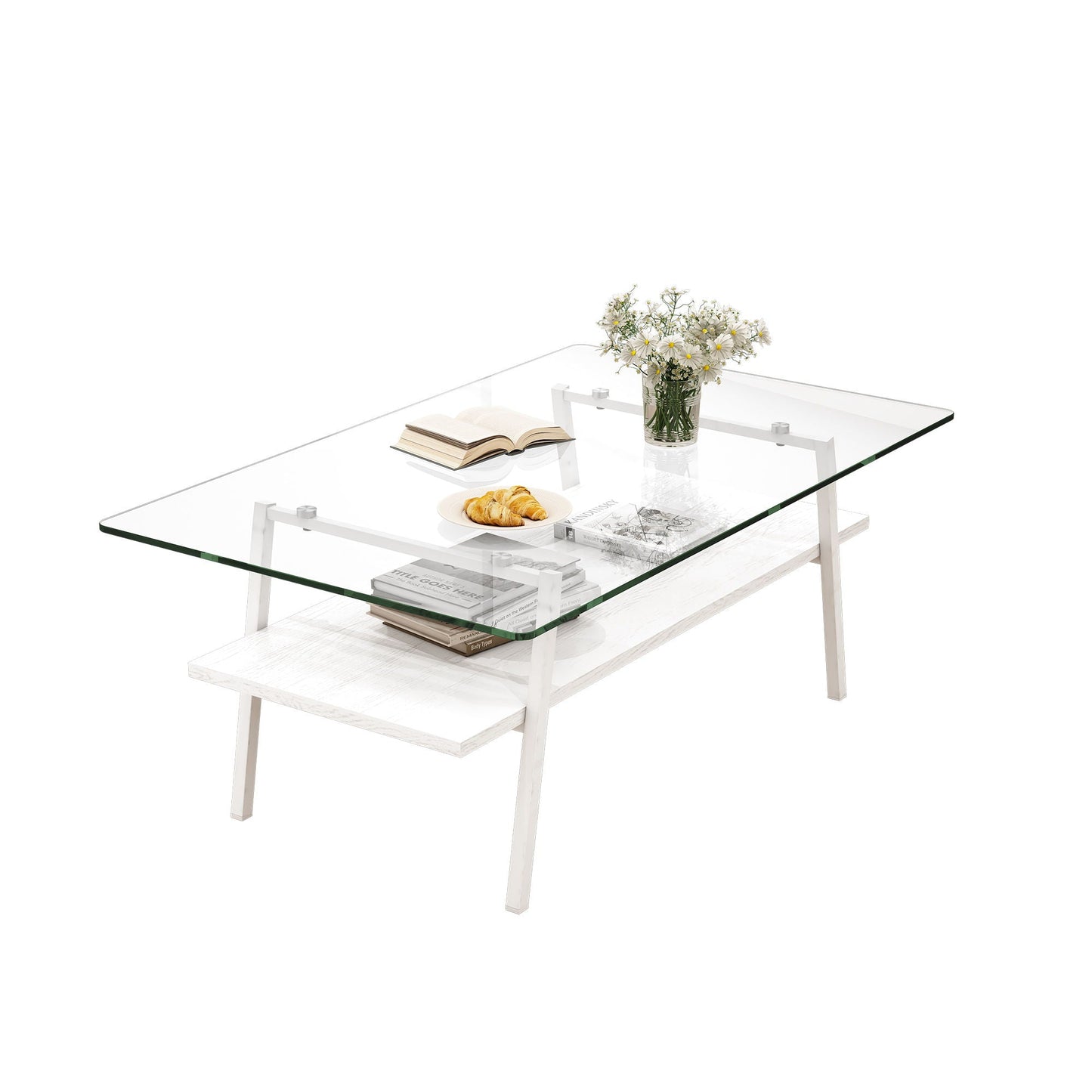 Rectangle Coffee Table, Tempered Glass Tabletop With Metal Legs, Modern Table For Living Room Home Essentials