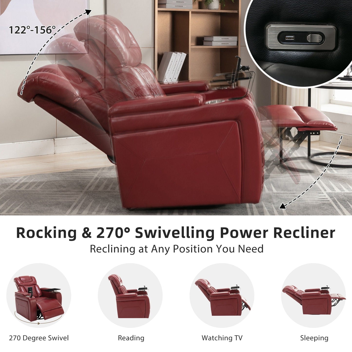 270 Degree Swivel Power Recliner With Tray Table, Phone Holder, Cup Holder, USB Port Hearth and Haven