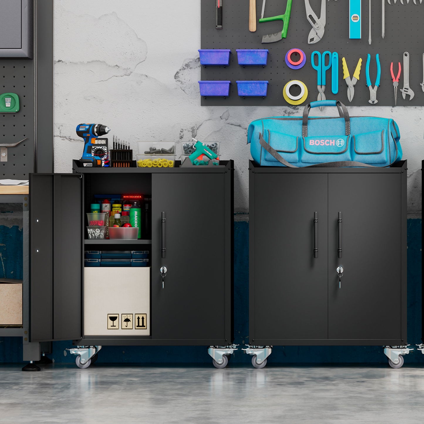 2 Door Tool Cabinets For Garage, Lockable Garage Storage Cabinet, Locking Storage Cabinet With Wheels, Rolling Tool Chest - Black Daily Nest