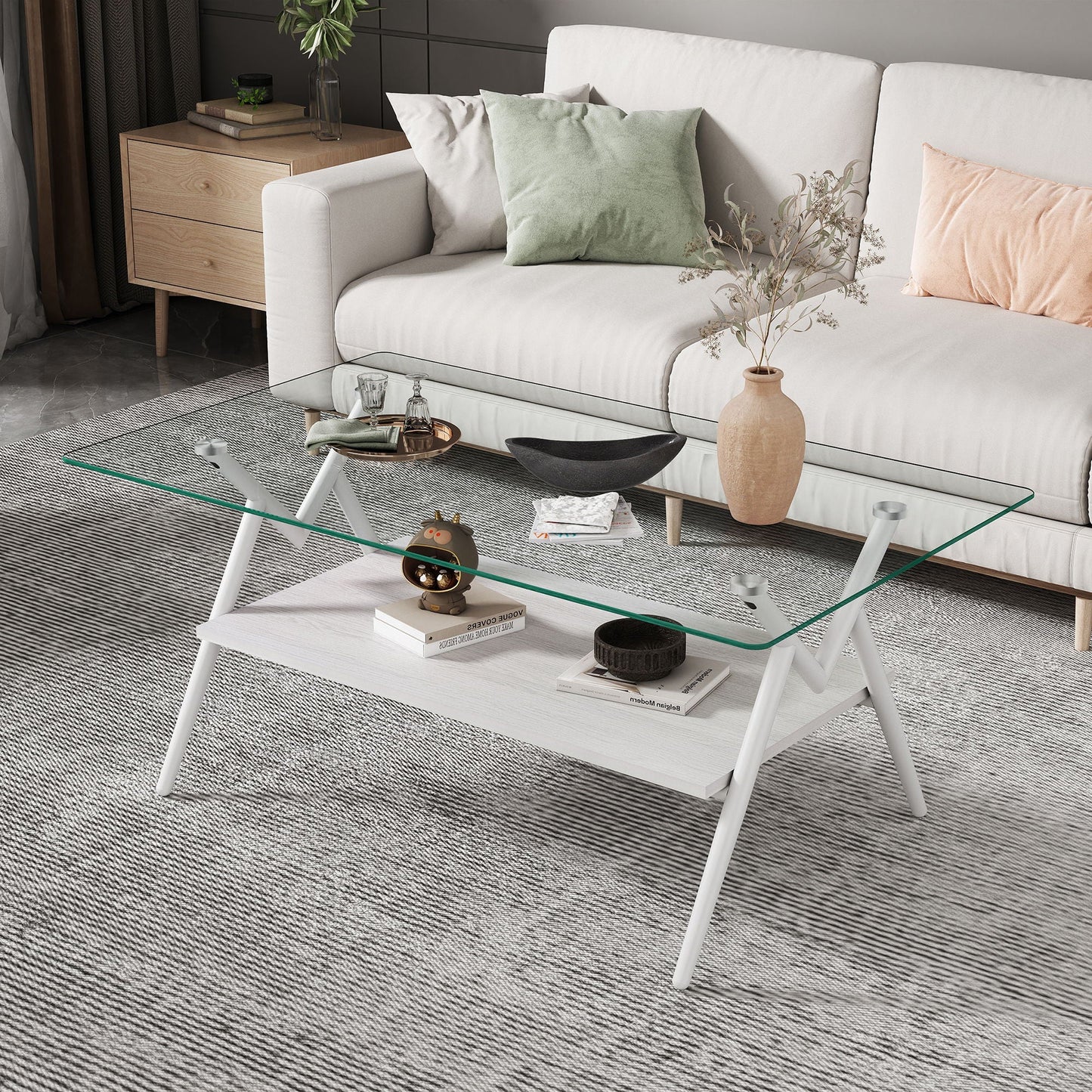 Rectangle Coffee Table With Tempered Glass Top And Shelf, Modern Table For Living Room Home Essentials