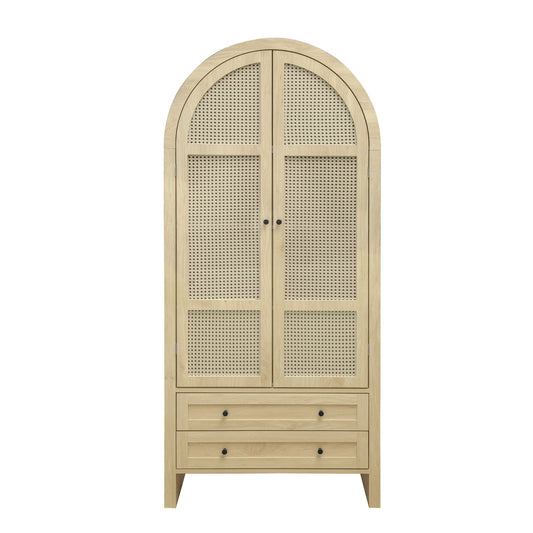 Tall Arched Kitchen Pantry, Arched Storage Display Cabinet With 2 Drawers & Adjustable Shelves, Rattan Door Versatile Storage Cabinet For Kitchen, Dining Room, Living Room - Natural Home Essentials
