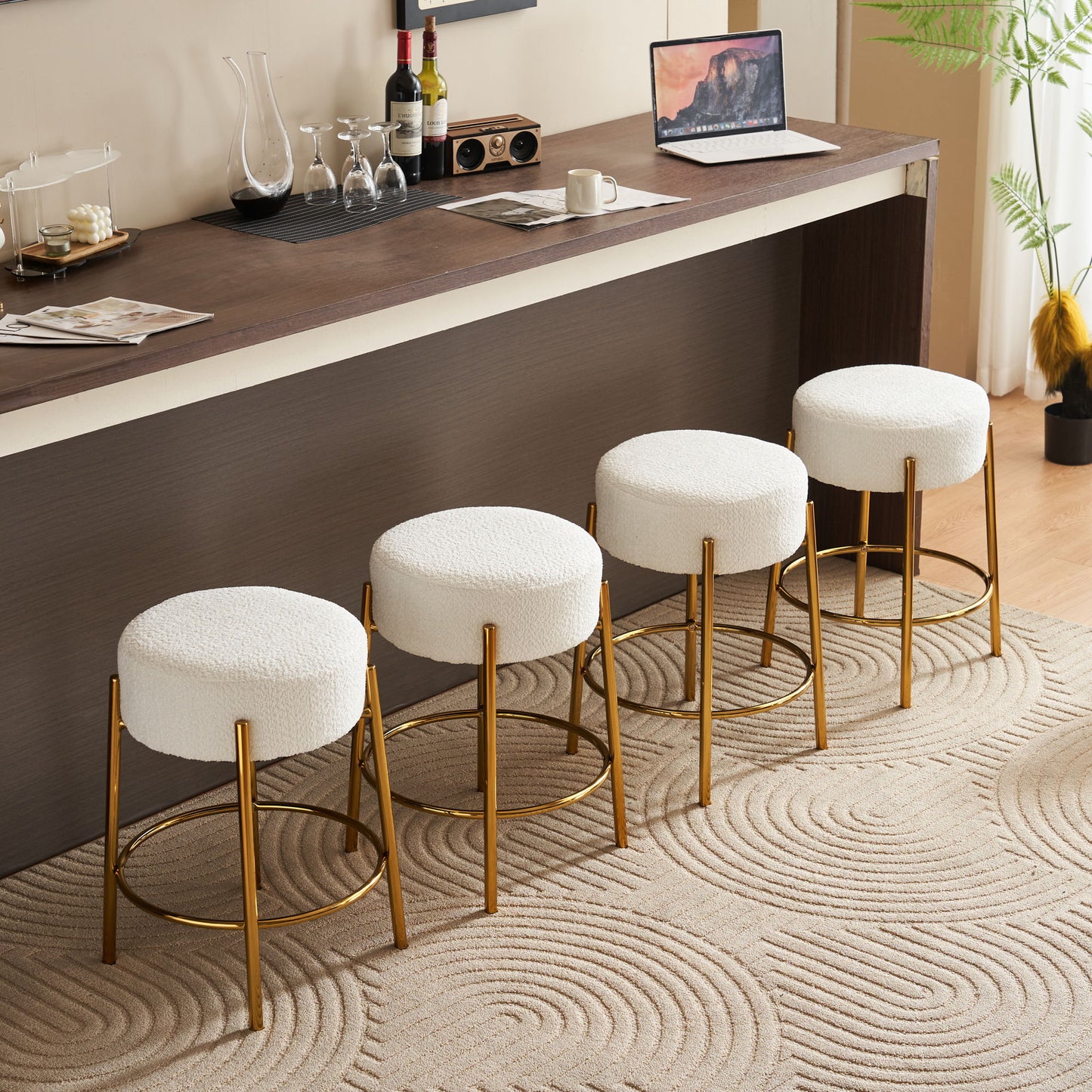 Round Bar Stools (Set of 2), Contemporary Upholstered Dining Stools For Kitchens, Coffee Shops And Bar Stores - Gold Legs Home Essentials