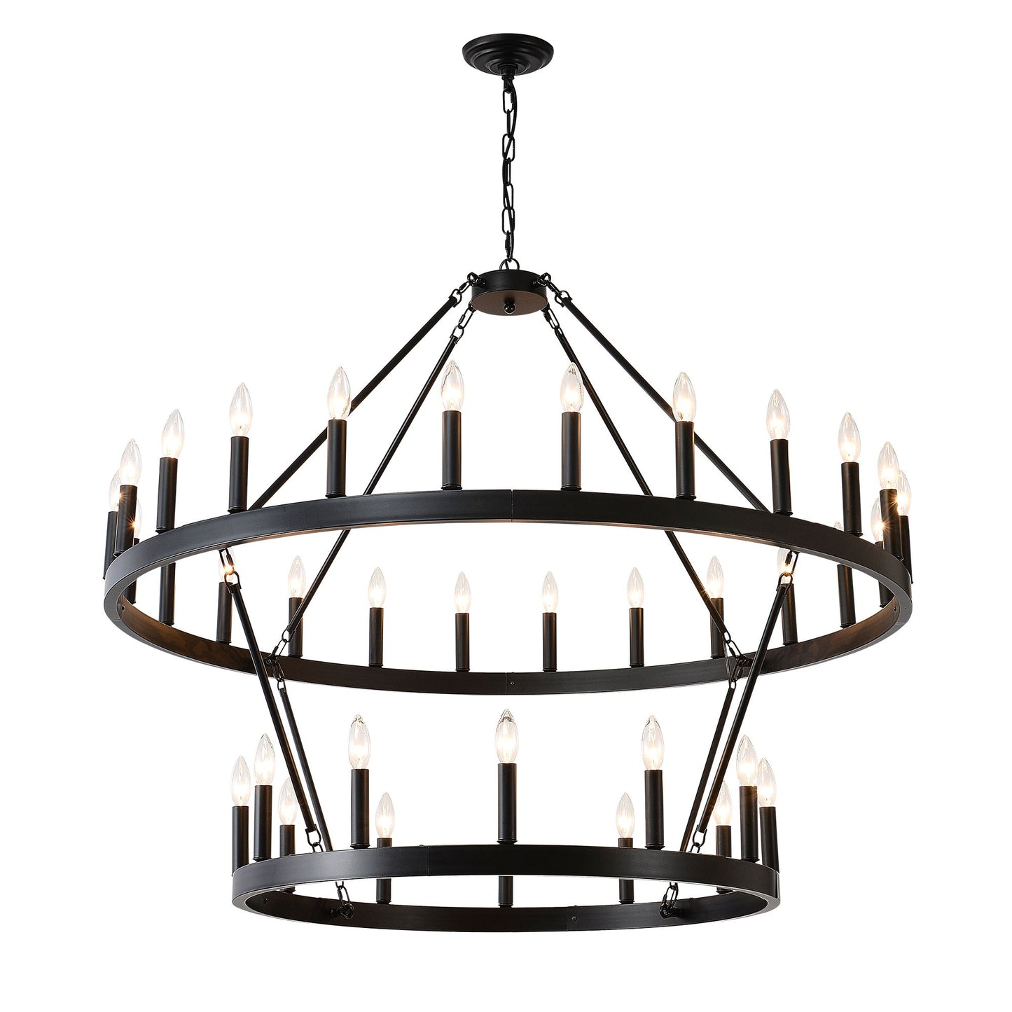 2 Tiers Wagon Wheel Chandelier Wooden Farmhouse 36 Light (24 / 12) Or (12 / 24) Metal Chandeliers 2 Story Light Fixtures Industrial For High Ceiling Living Dining Room Foyer, Adjustable Height - Black Daily Nest
