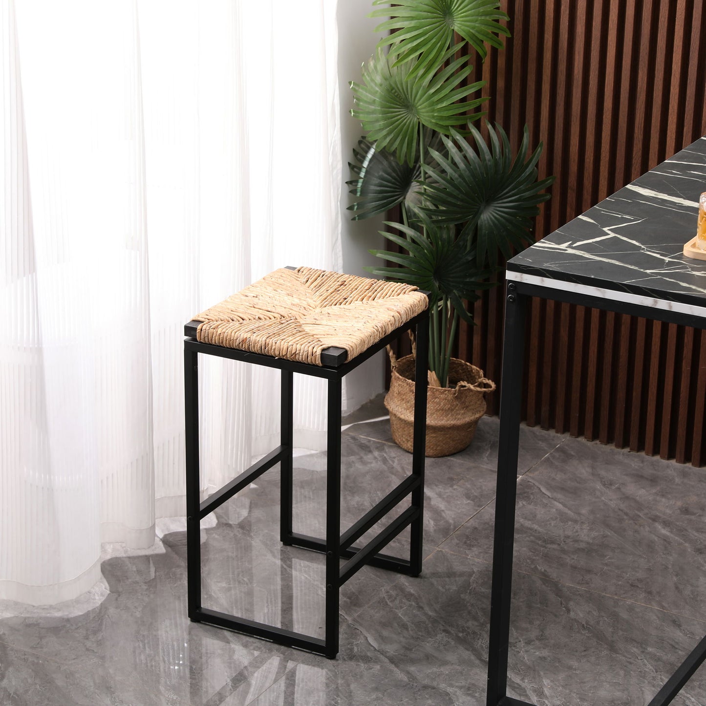 25" Height Backless Water Hyacinth Woven Bar Stools With Footrest (Set of 2) - Natural Home Essentials