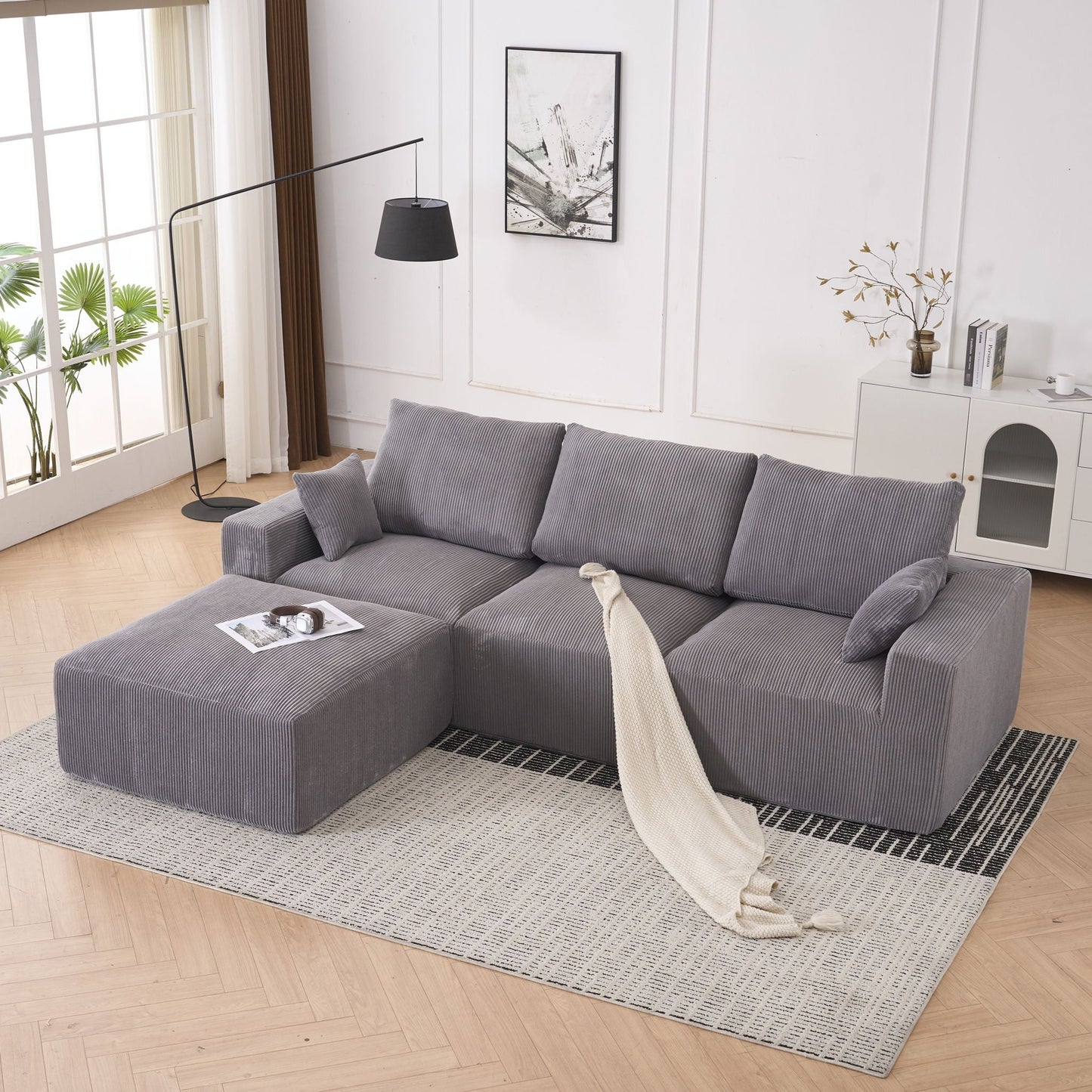 Modular Sectional Sofa With Ottoman, USB And Type C Charger, Petal Armrest Design - Snoozhouse
