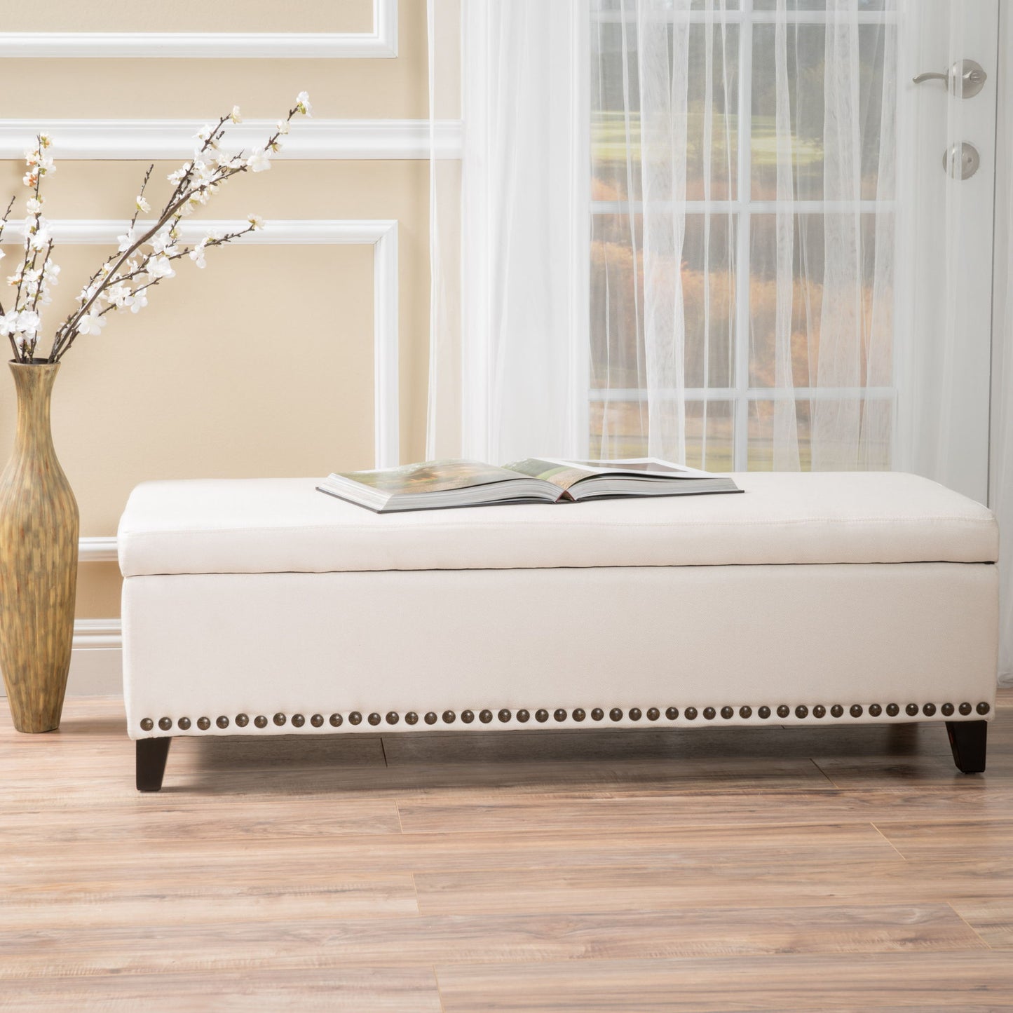 Upholstered Storage Ottoman With Nailhead Trim - Beige Noble House