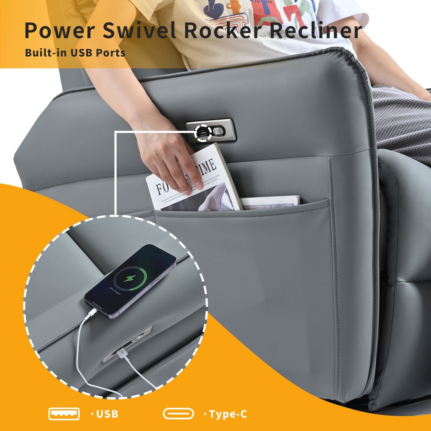 270° Power Swivel Rocker Glider Recliner Chair With USB Ports Home Essentials