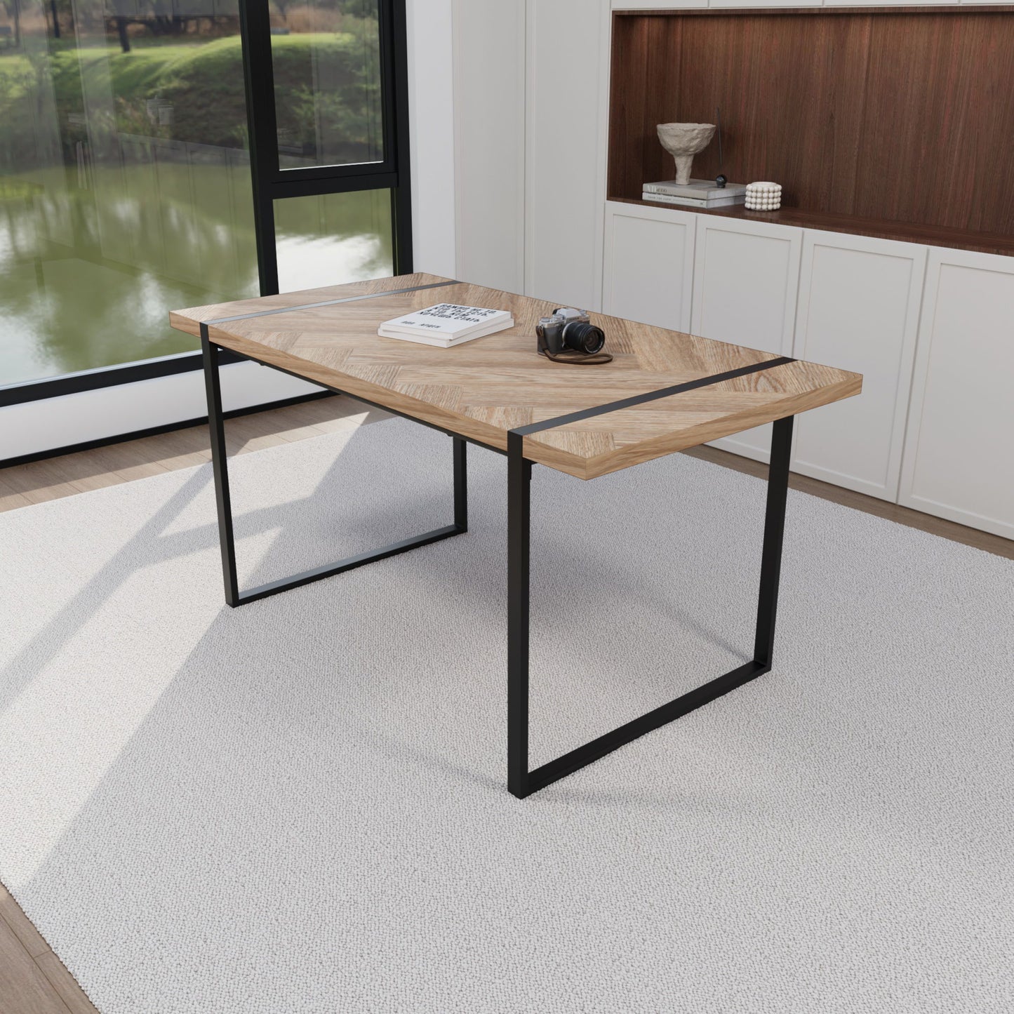 Modern Industrial Dining Table 59" Rectangular Light Wood With Metal Legs For 4 - 6 People - Natural Wood Home Essentials