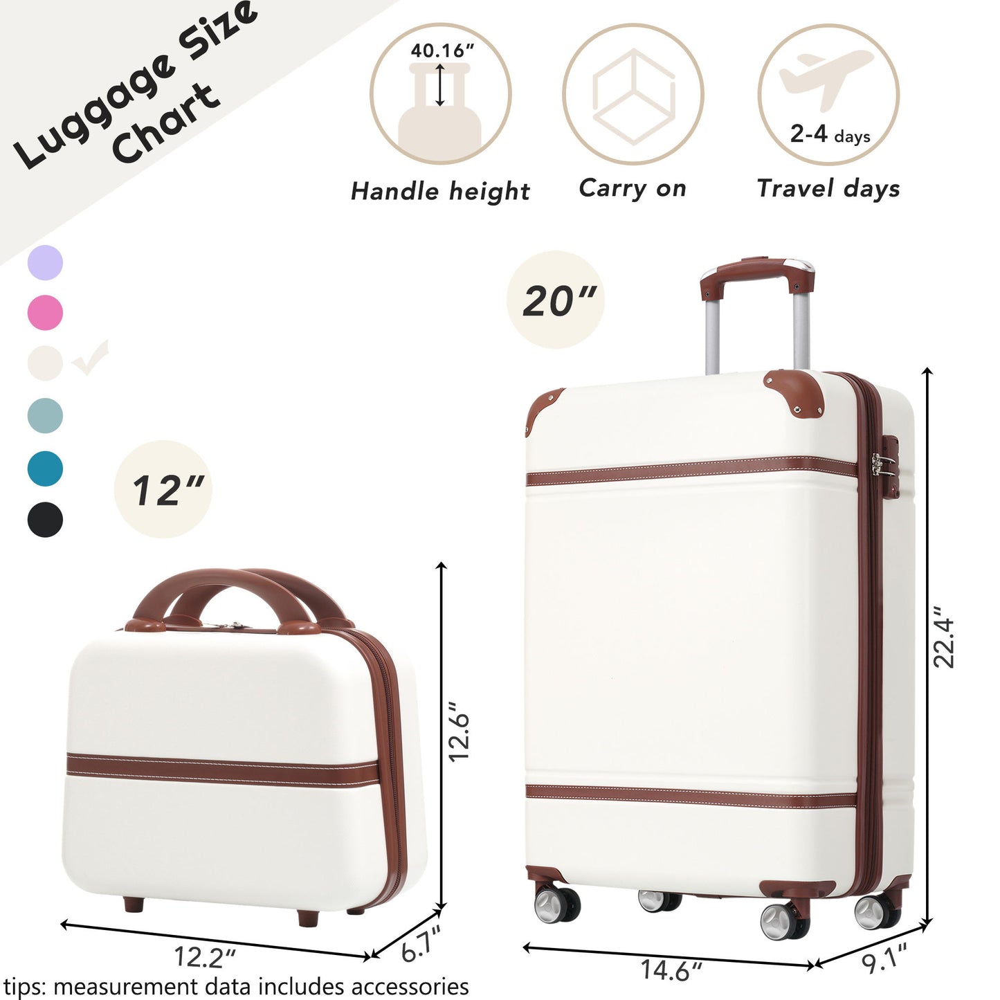 20" Hardside Luggage With Cosmetic Case, 2 Piece Lightweight Suitcase Set With Spinner Wheels, Carry On Vintage Luggage Daily Nest