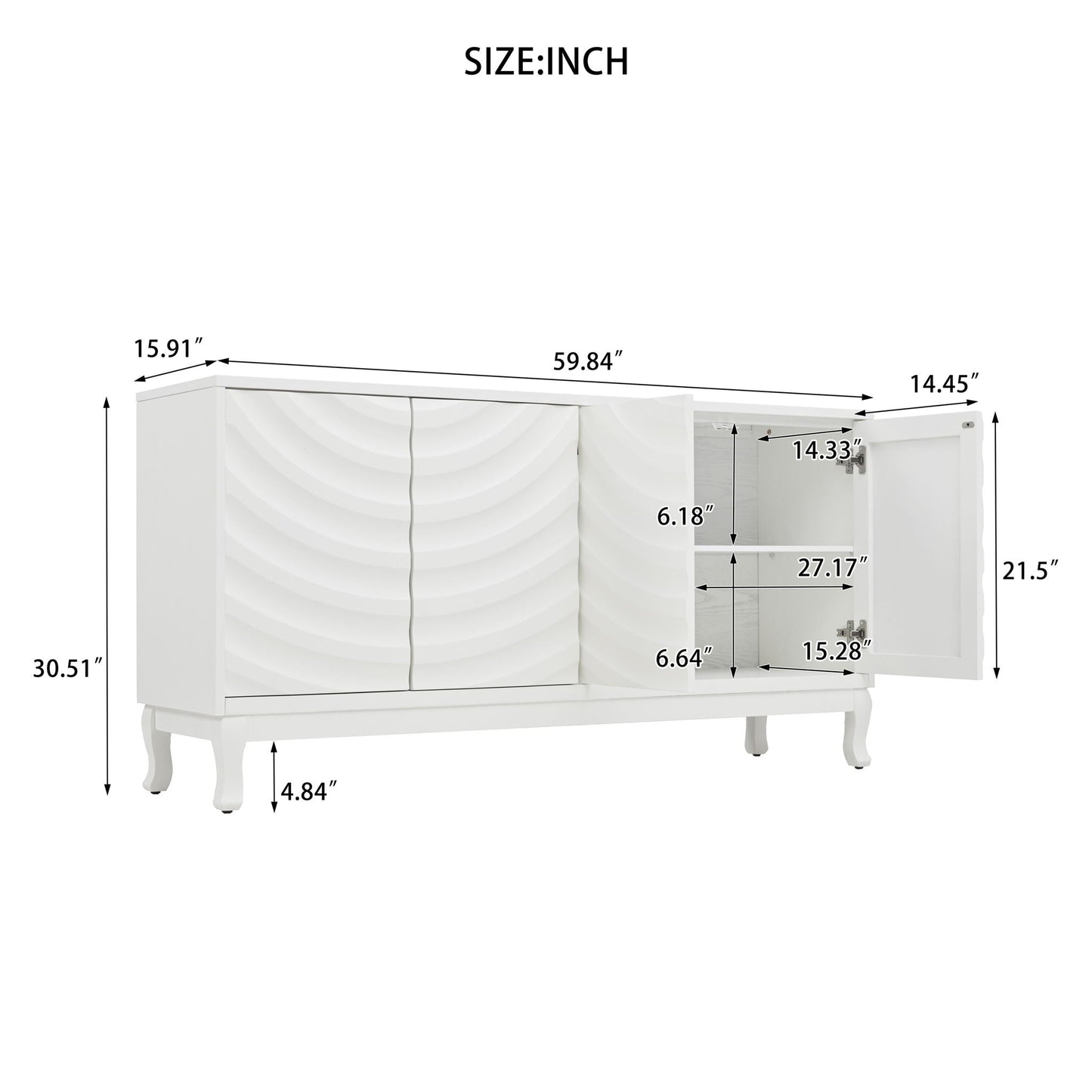 Elegant Sideboard With Sophisticated Wavy Pattern Doors And Arched Groove Design, Adjustable 4 Door Layout Home Essentials