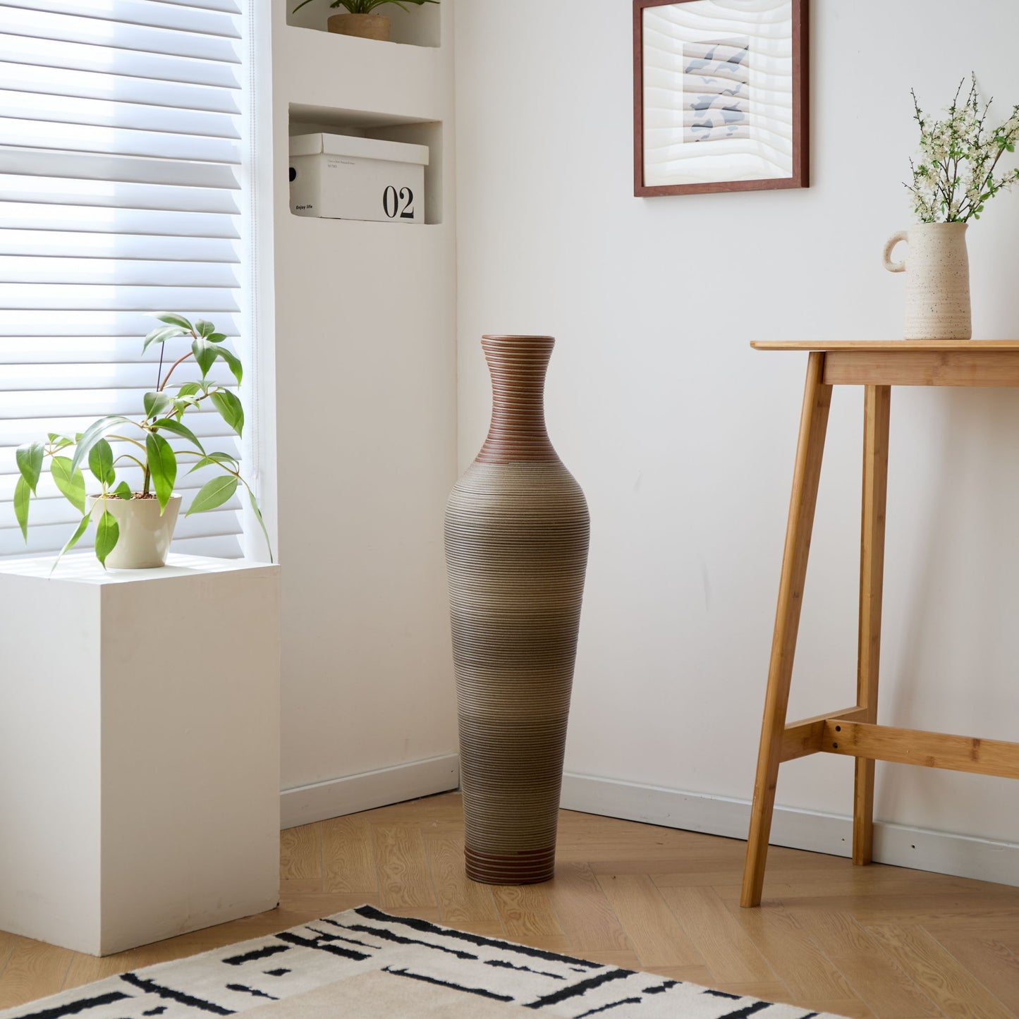 Tall Vase - Brown Decorative Floor Vase, Classic Neat Floor Vase Tall Freestanding Flower Holder, Artificial Rattan Vase, Floor Vase, Flower Holder For Home Decor - Gray Daily Nest
