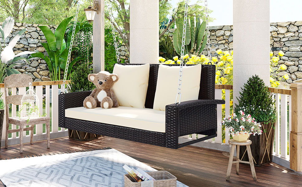 2 Person Wicker Hanging Porch Swing With Chains, Cushion, Pillow, Rattan Swing Bench For Garden, Backyard Hearth and Haven