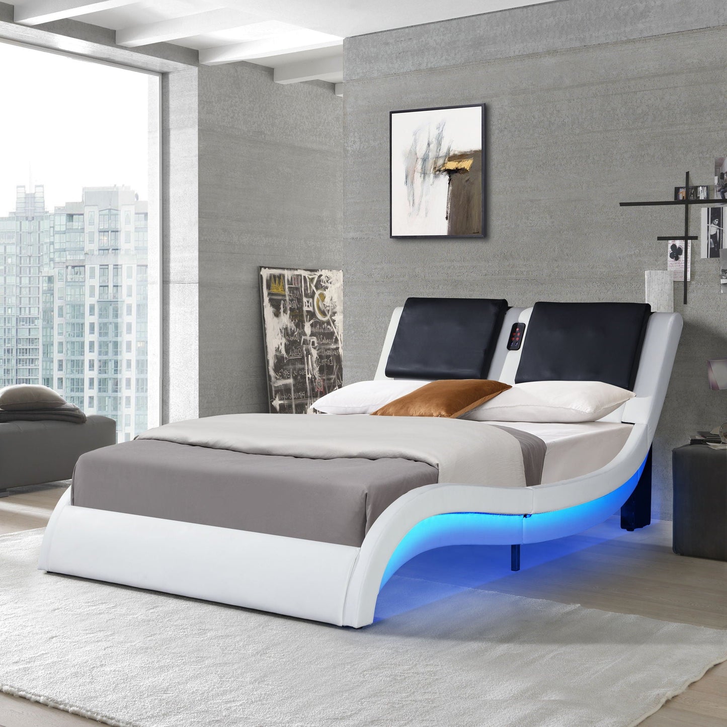 Upholstered Platform Bed Frame With LED Lighting, Bluetooth Connection To Play Music Control, Backrest Vibration Massage, Curve Design, Wood Slat Support, Exhibited Speakers Home Essentials