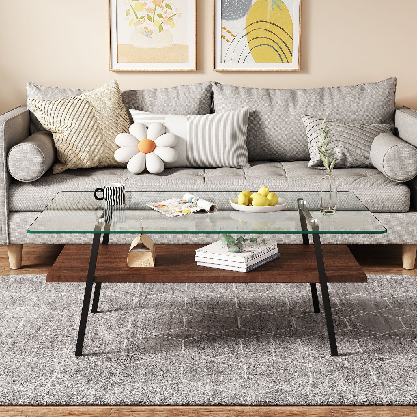 Rectangle Coffee Table, Tempered Glass Tabletop With Metal Legs, Modern Table For Living Room Home Essentials