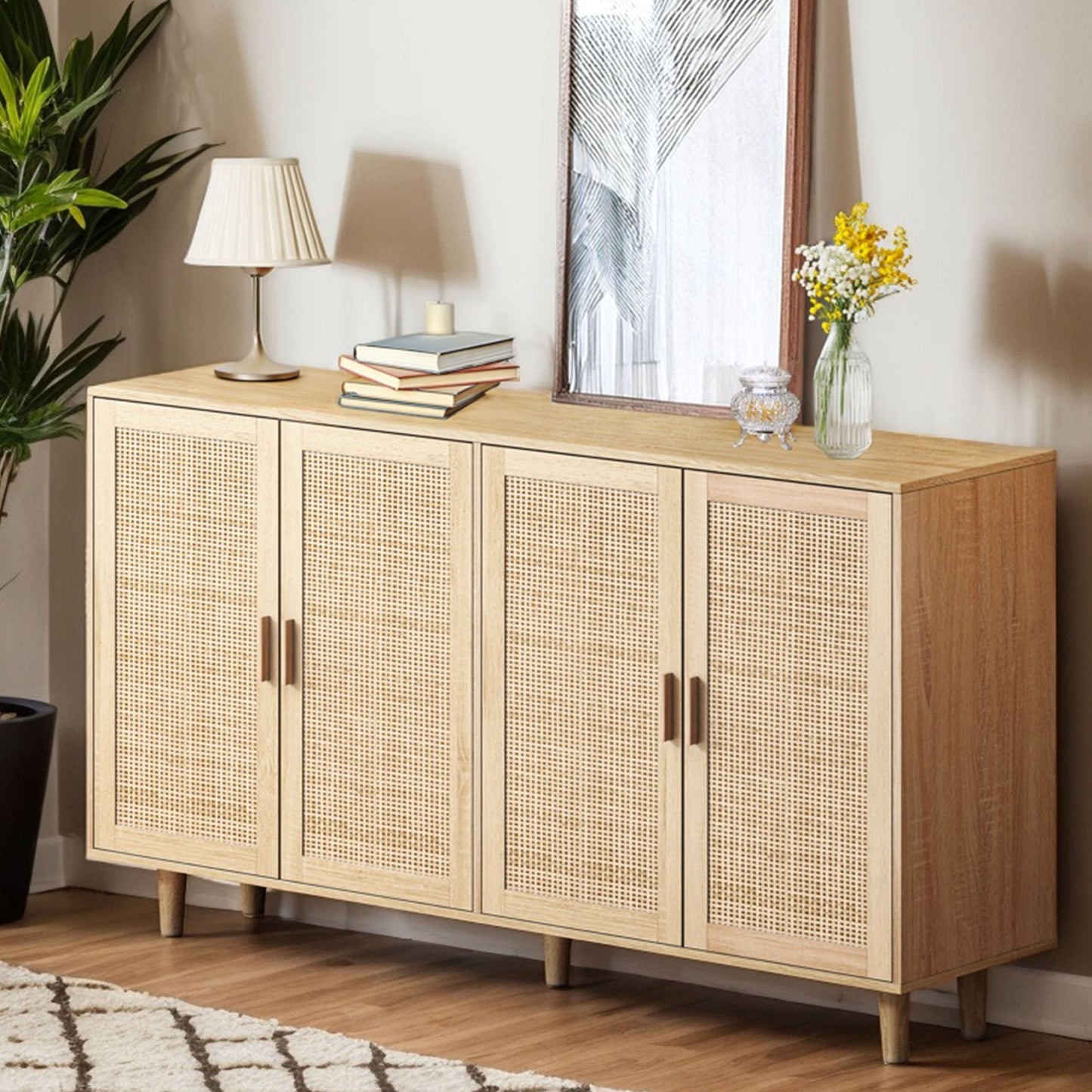 Elegant And Functional 4 Door Rattan Decorative Storage Cabinet Home Essentials