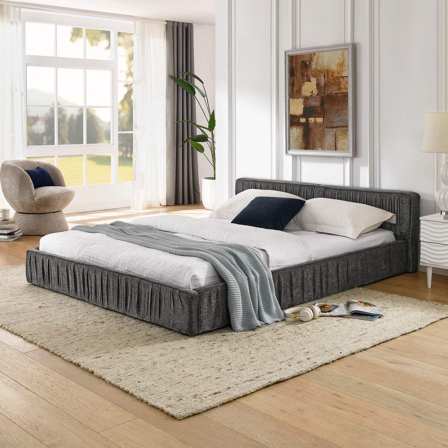 Modern Upholstered Platform Bed Frame With Pleated Design Home Essentials